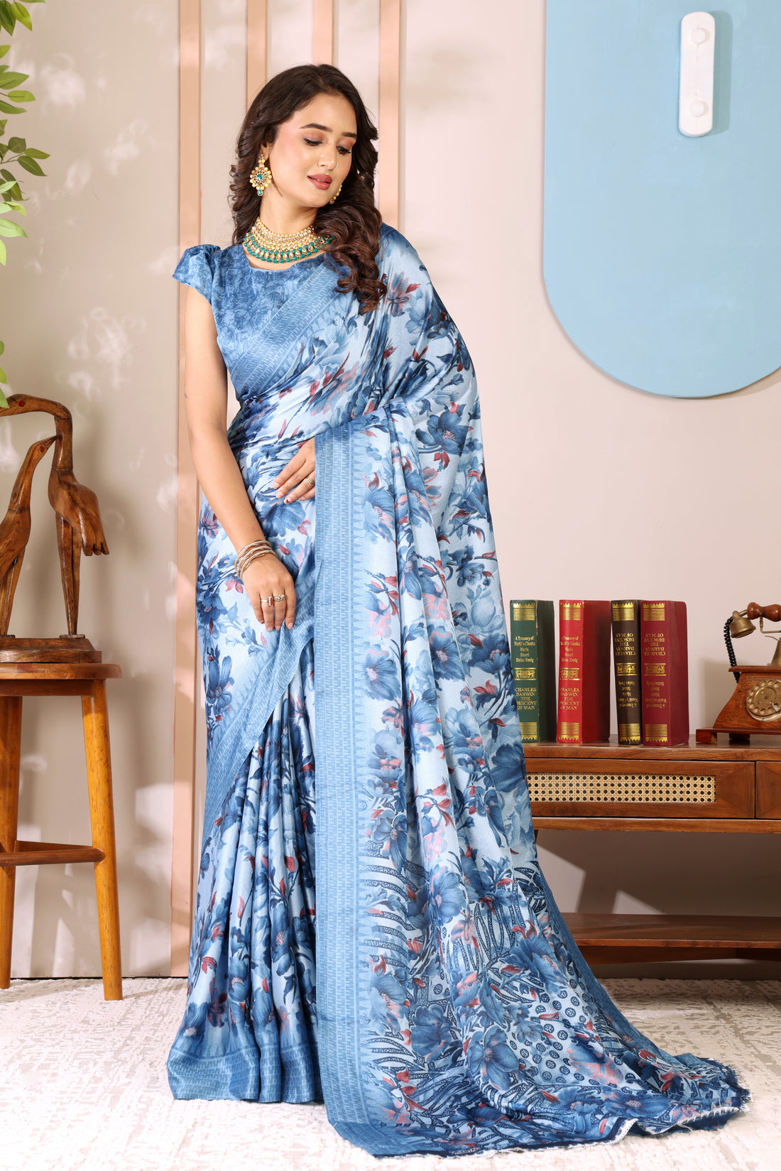 Firozi Printed, Digital Print, Floral Print Bollywood Chiffon saree