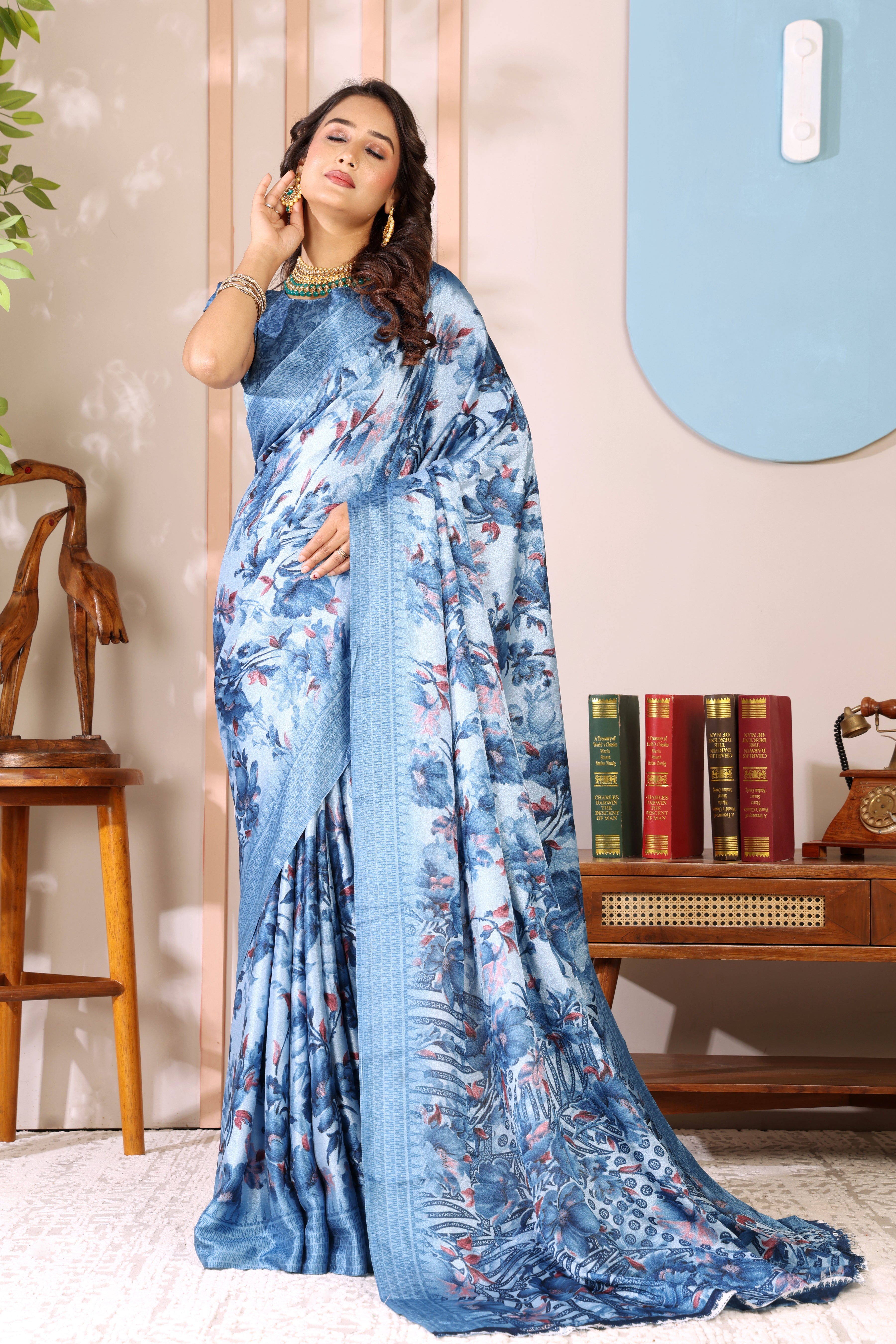 Gold Printed, Digital Print, Floral Print Bollywood Chiffon saree