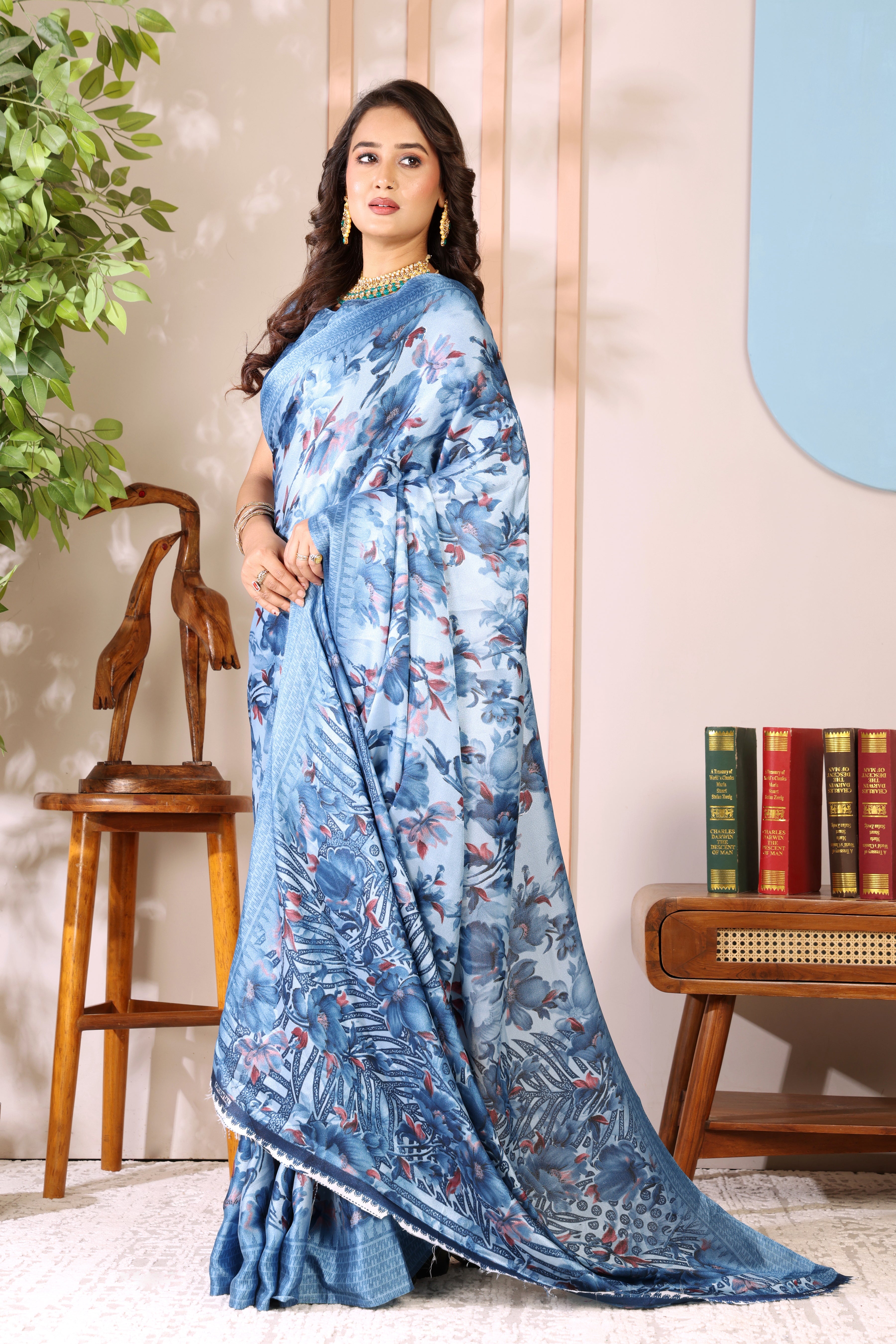 Gold Printed, Digital Print, Floral Print Bollywood Chiffon saree