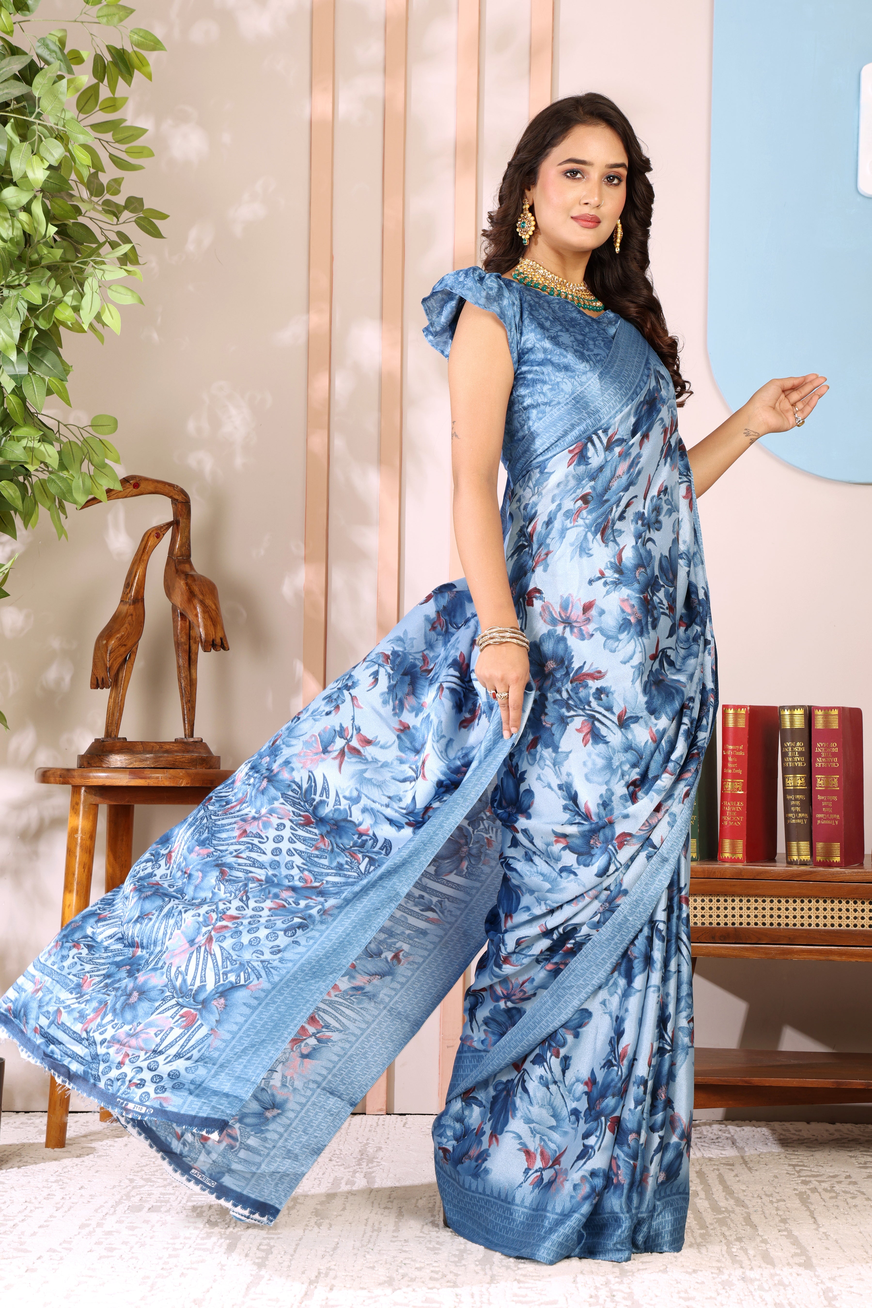 Gold Printed, Digital Print, Floral Print Bollywood Chiffon saree