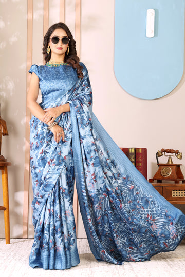 Firozi Printed, Digital Print, Floral Print Bollywood Chiffon saree