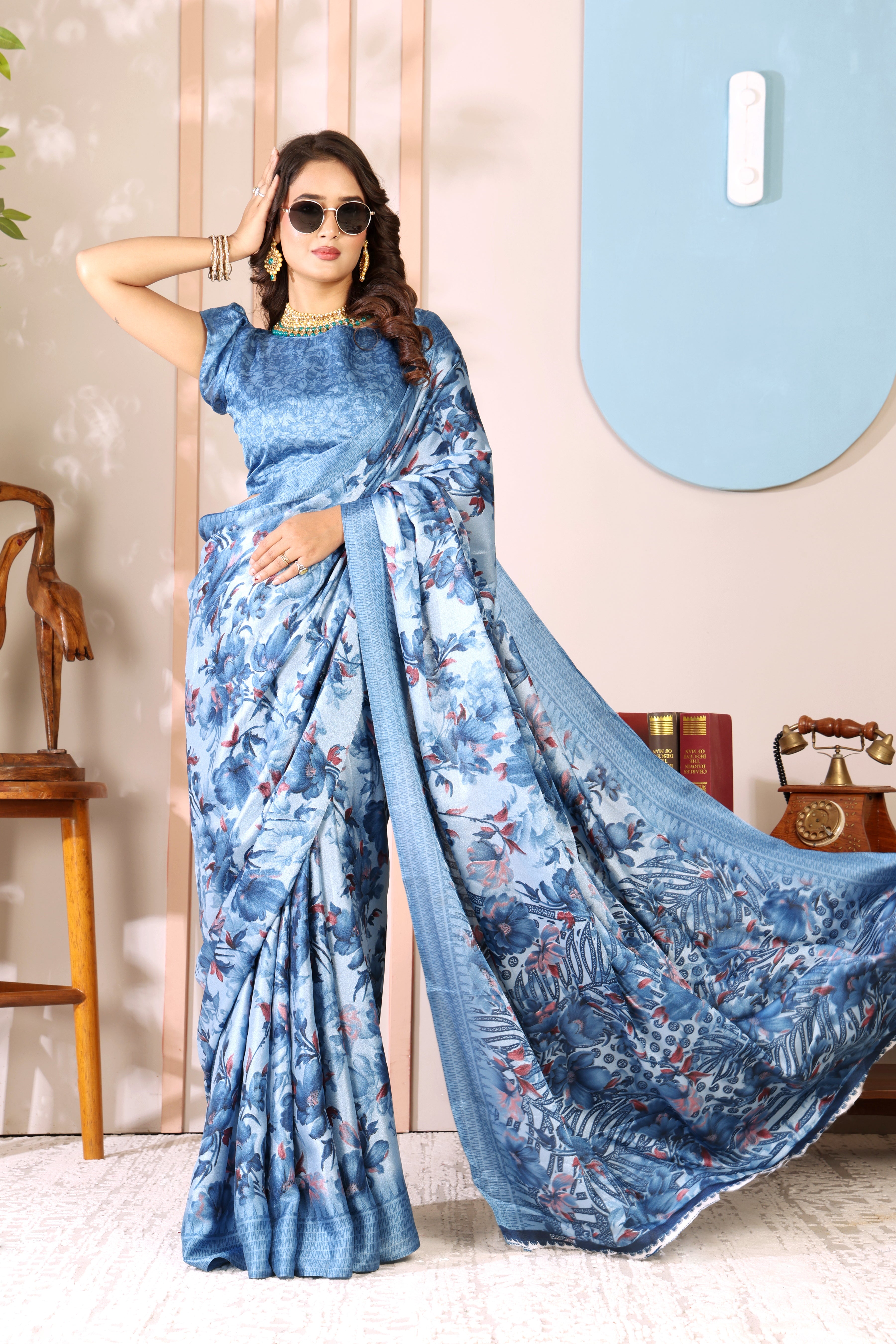 Gold Printed, Digital Print, Floral Print Bollywood Chiffon saree