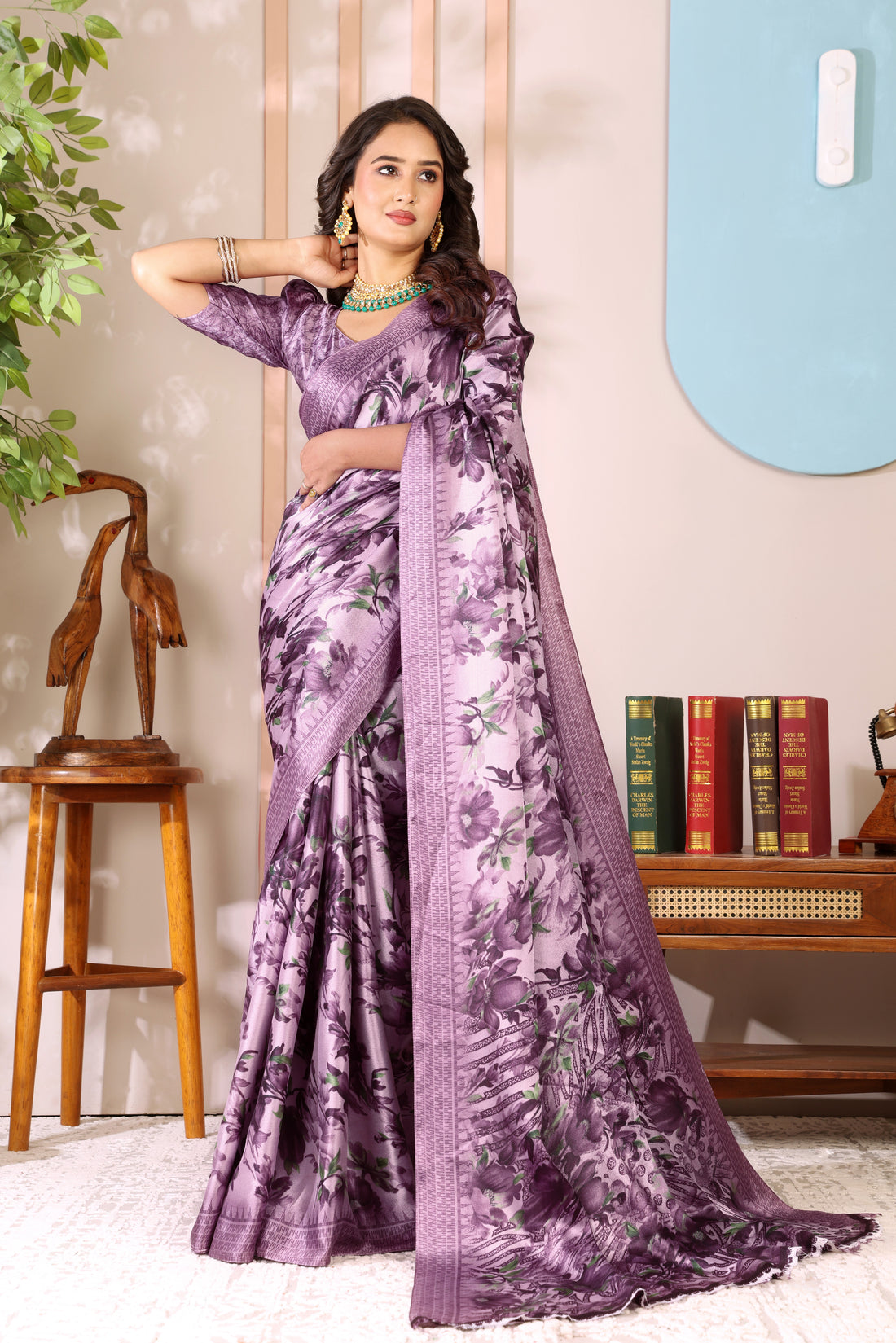 Purple Printed, Digital Print, Floral Print Bollywood Chiffon saree