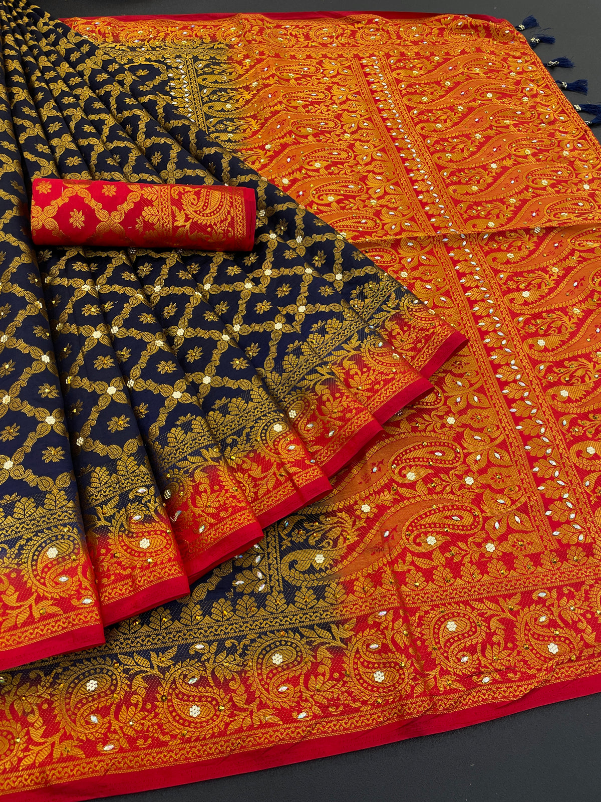 NavyBlue Banarasi Silk Saree With Diamond Work With Tassels