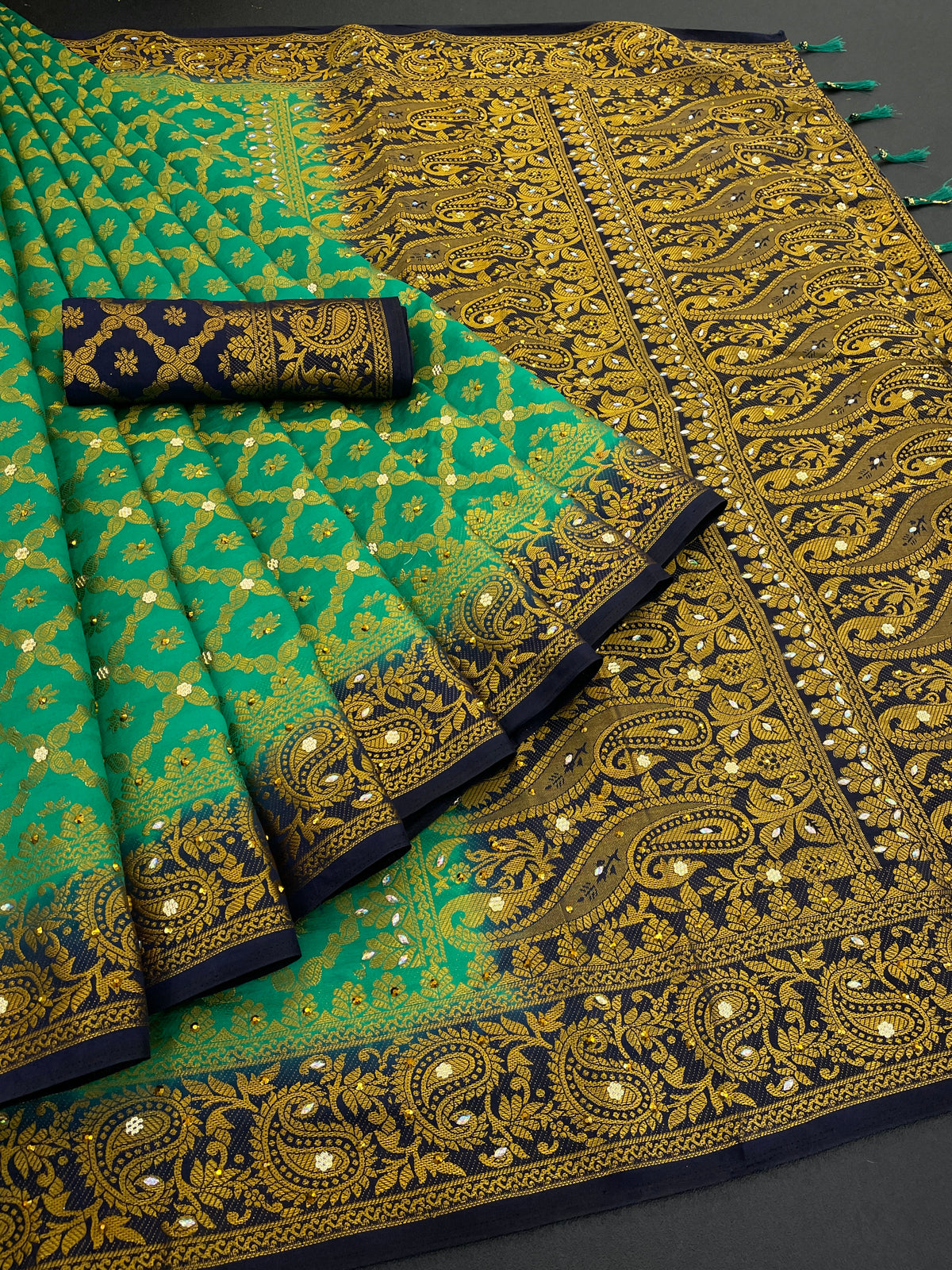 Green Banarasi Silk Saree With Diamond Work With Tassels