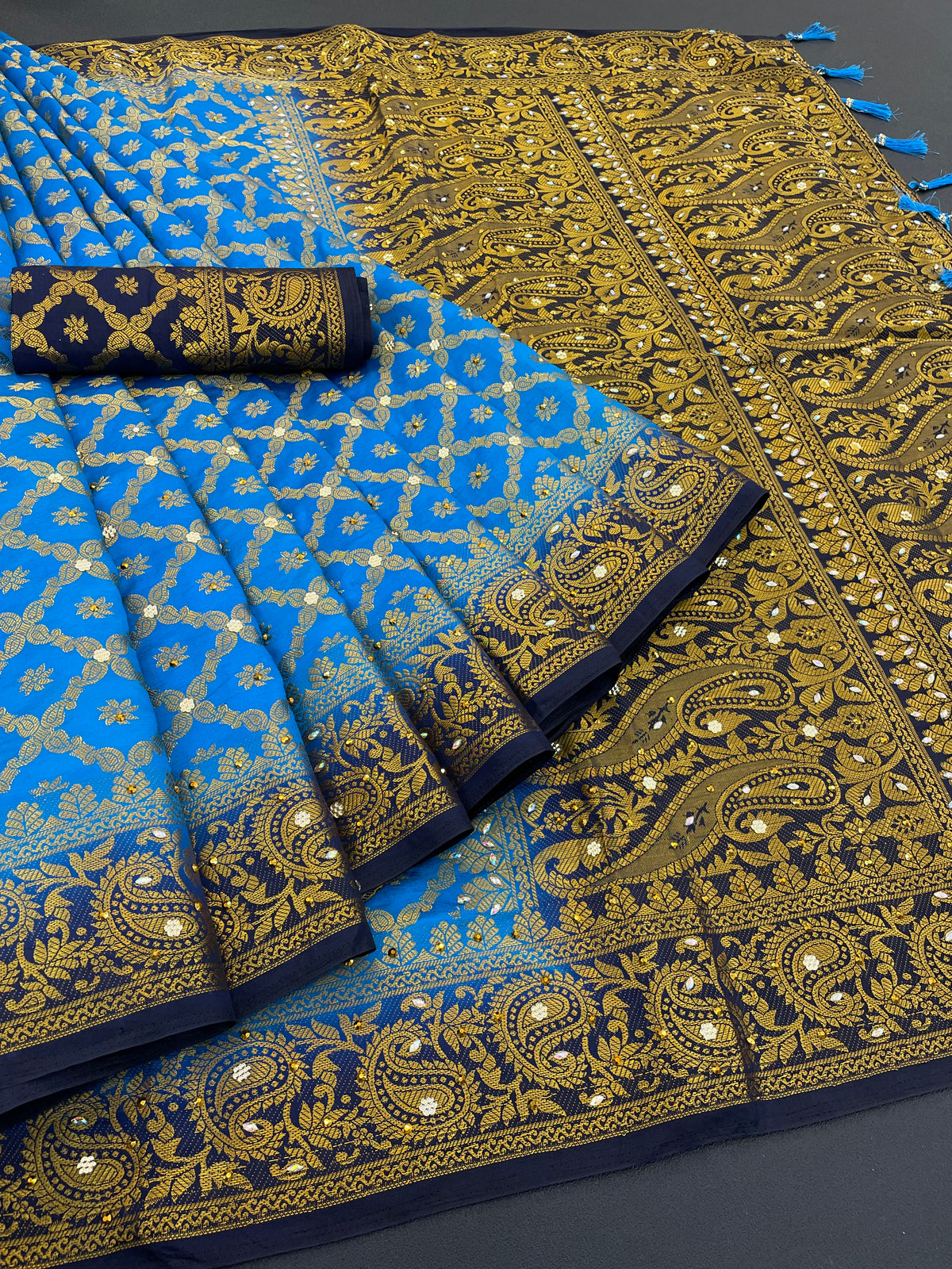 Firozi Banarasi Silk Saree With Diamond Work With Tassels