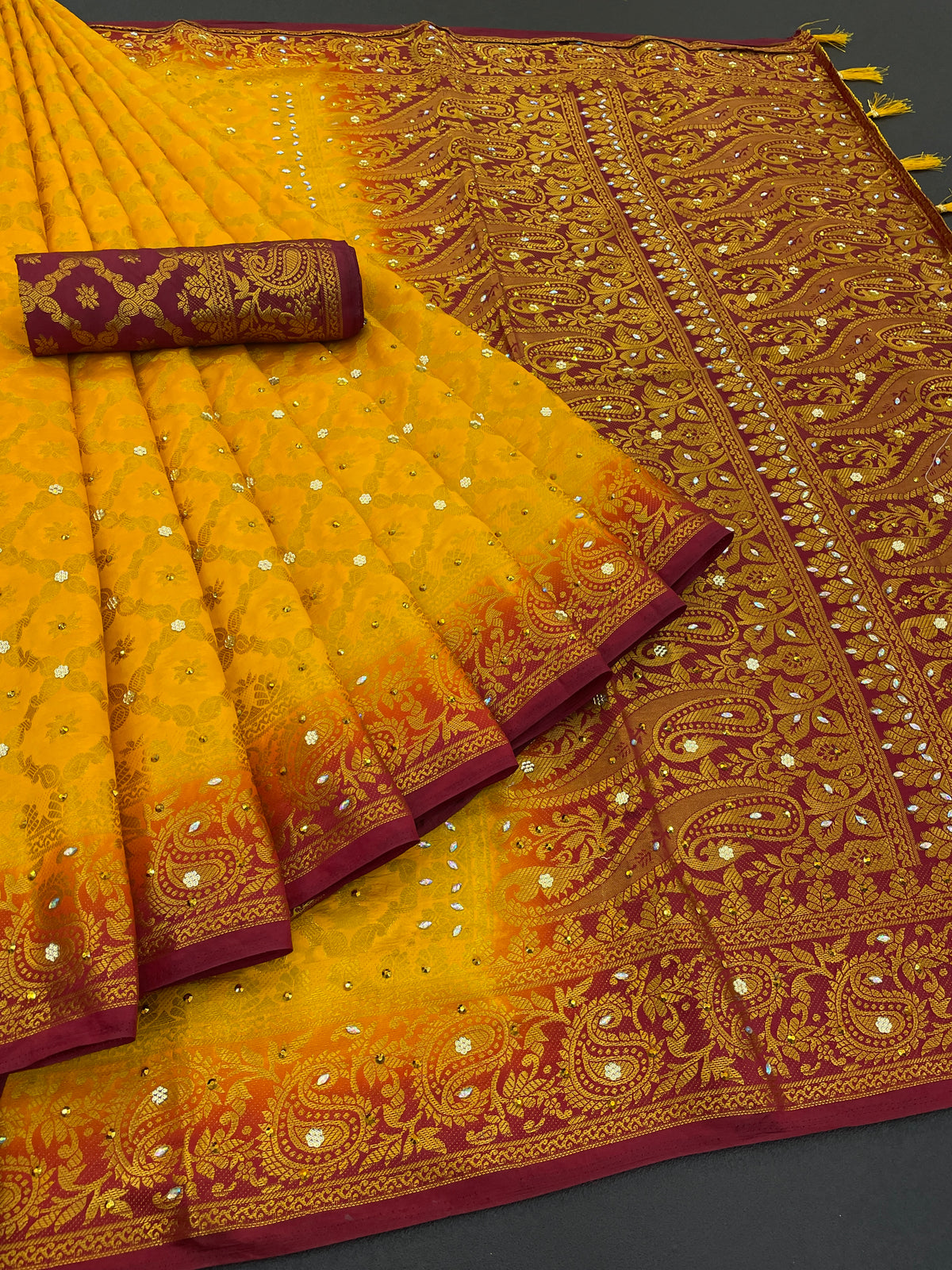Yellow Banarasi Silk Saree With Diamond Work With Tassels
