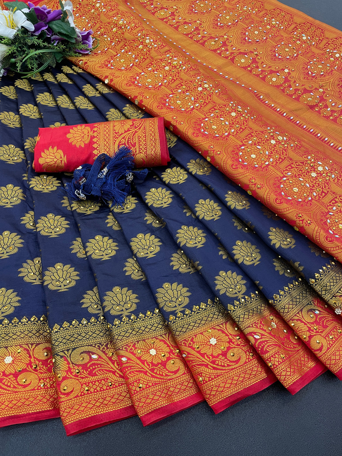 NavyBlue Silk Saree With Diamond Work With Tassels