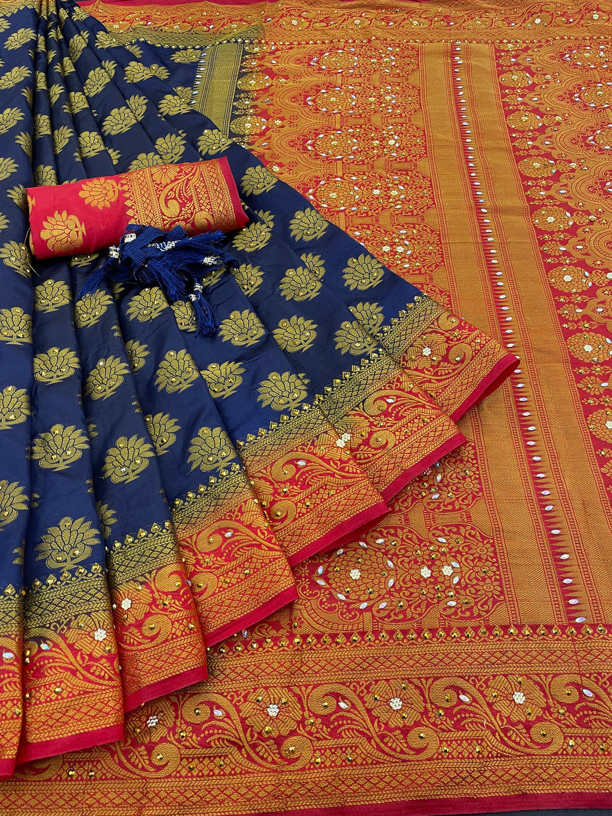 NavyBlue Silk Saree With Diamond Work With Tassels