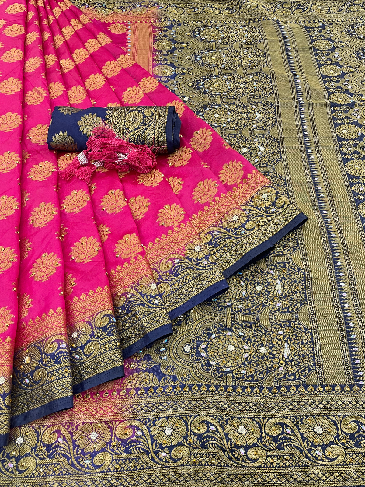 Rani Silk Saree With Diamond Work