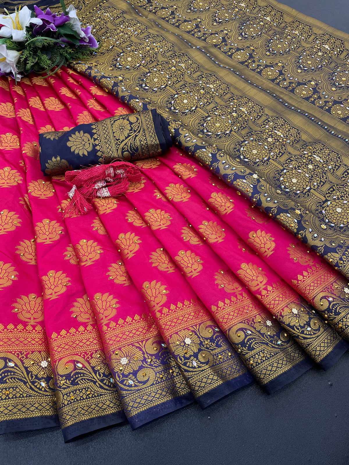Rani Silk Saree With Diamond Work