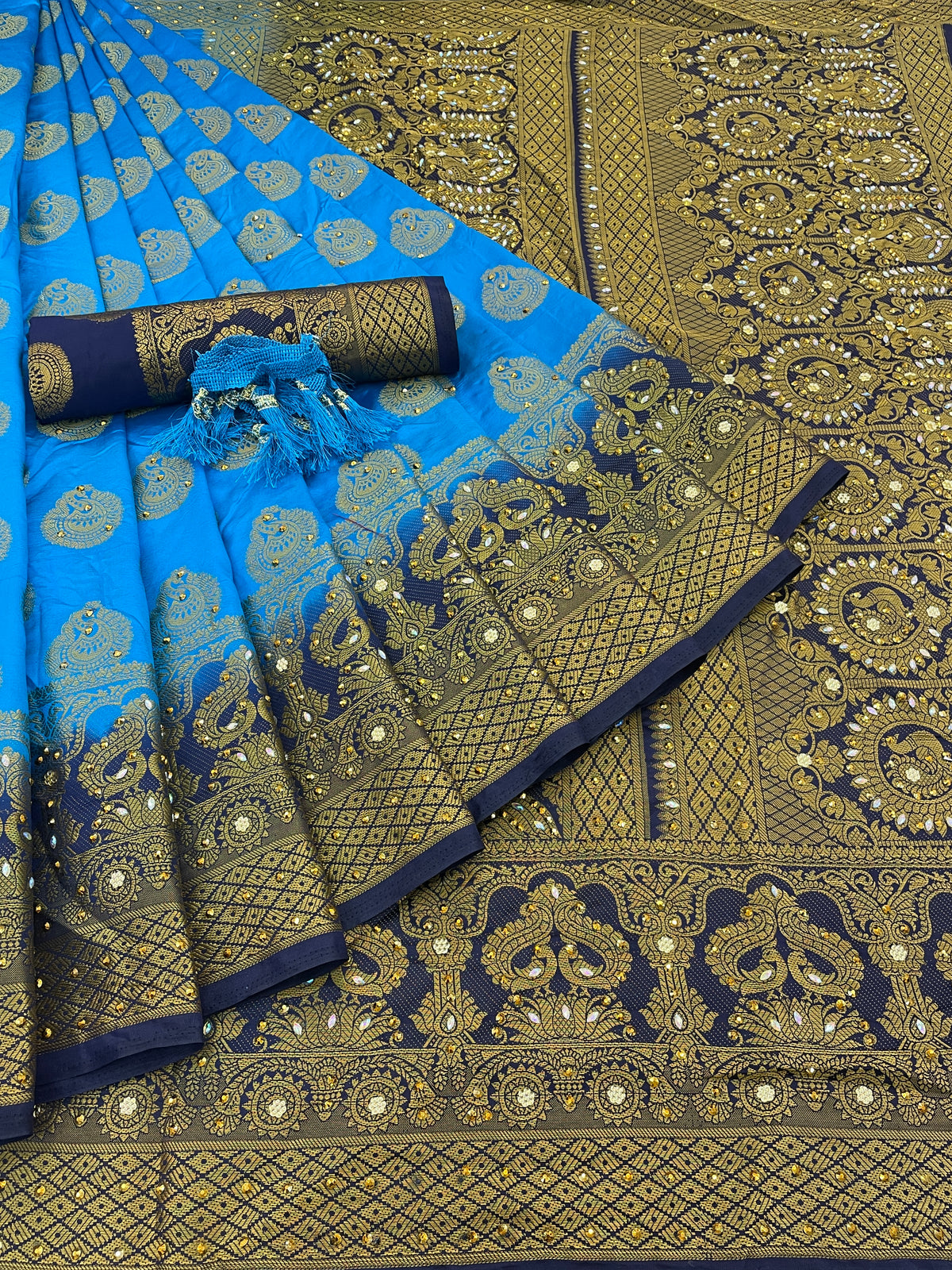Firozi Banarasi Silk Saree With Diamond Work With Tassels