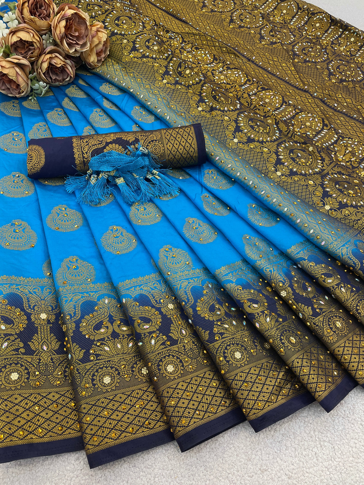 Firozi Banarasi Silk Saree With Diamond Work With Tassels