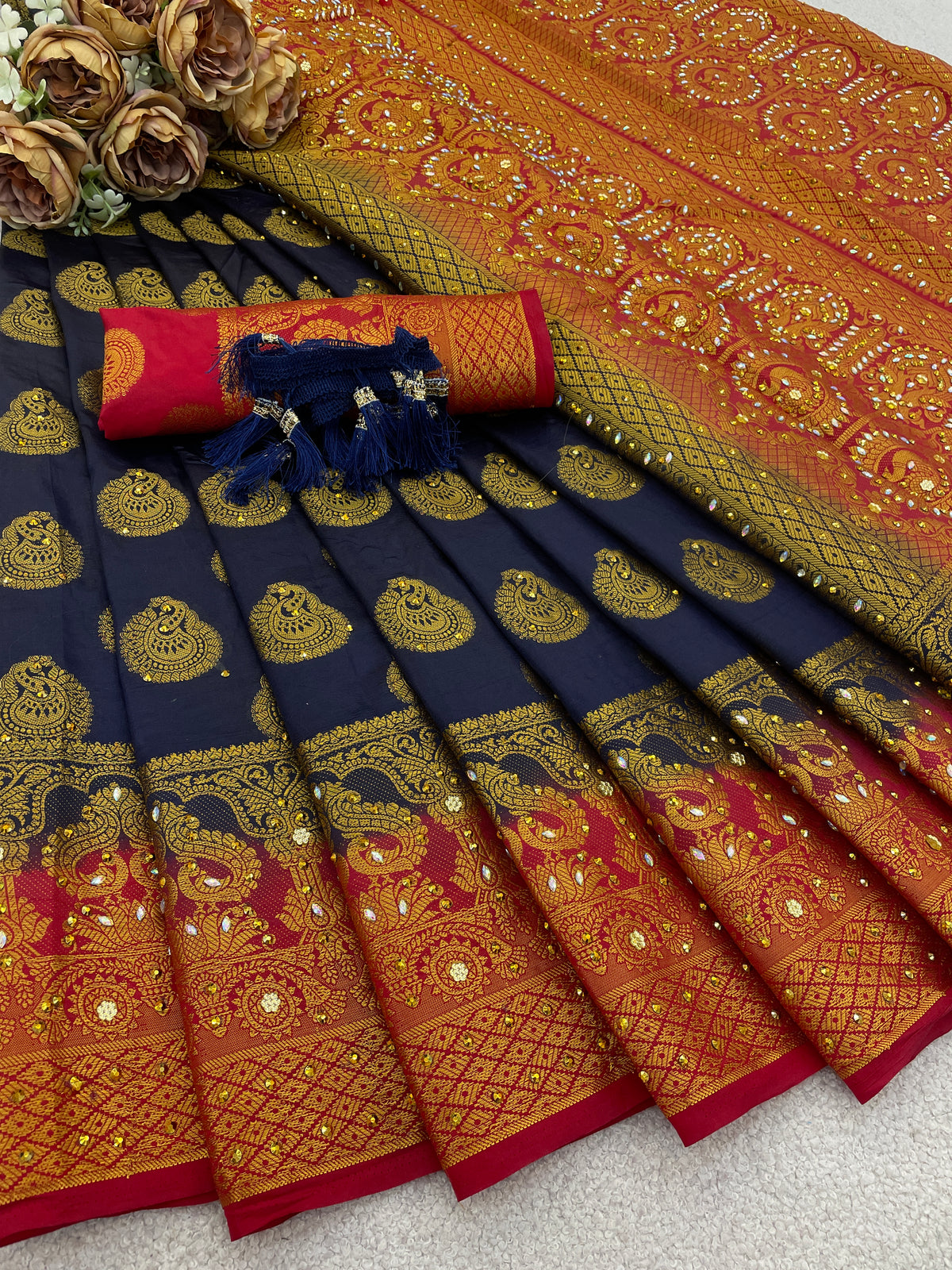 NavyBlue Banarasi Silk Saree With Diamond Work With Tassels