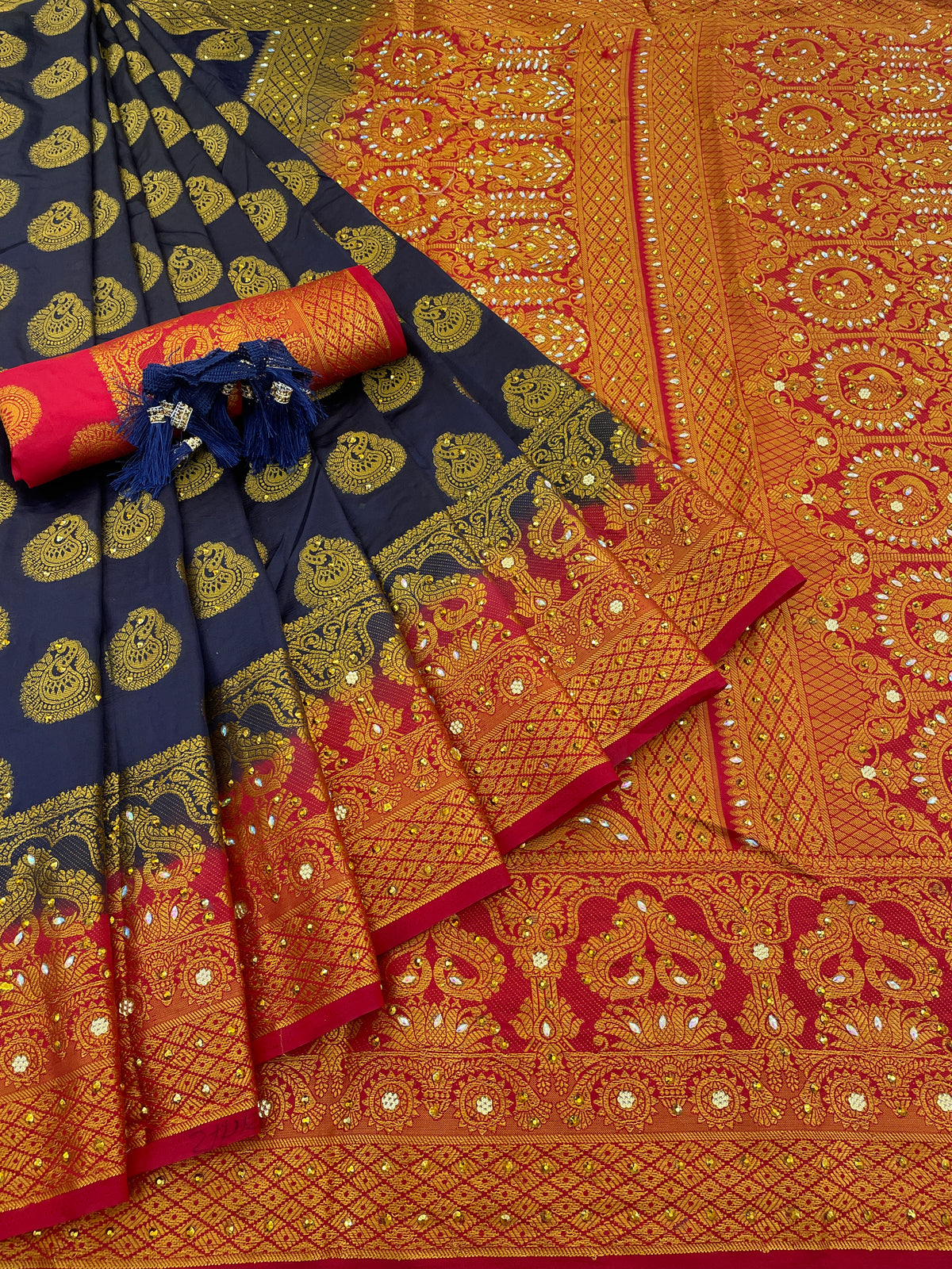 NavyBlue Banarasi Silk Saree With Diamond Work With Tassels