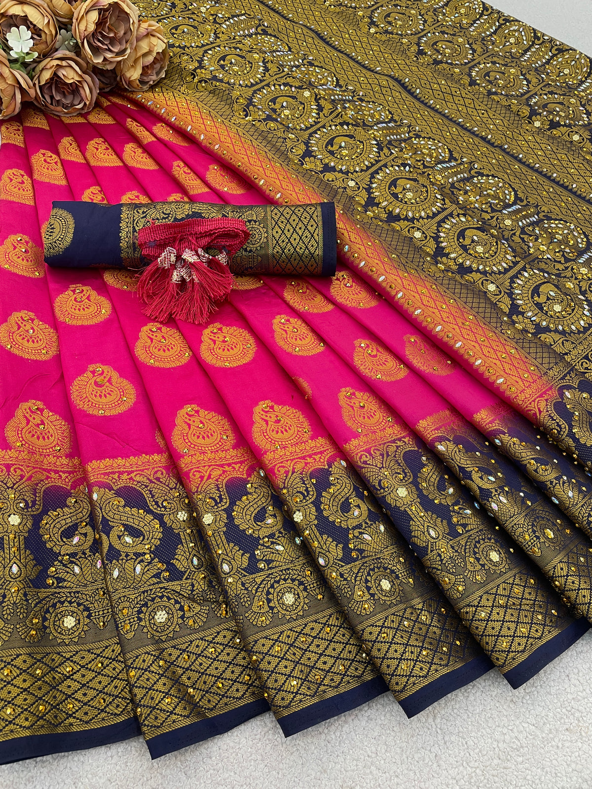 Rani Banarasi Silk Saree With Diamond Work With Tassels