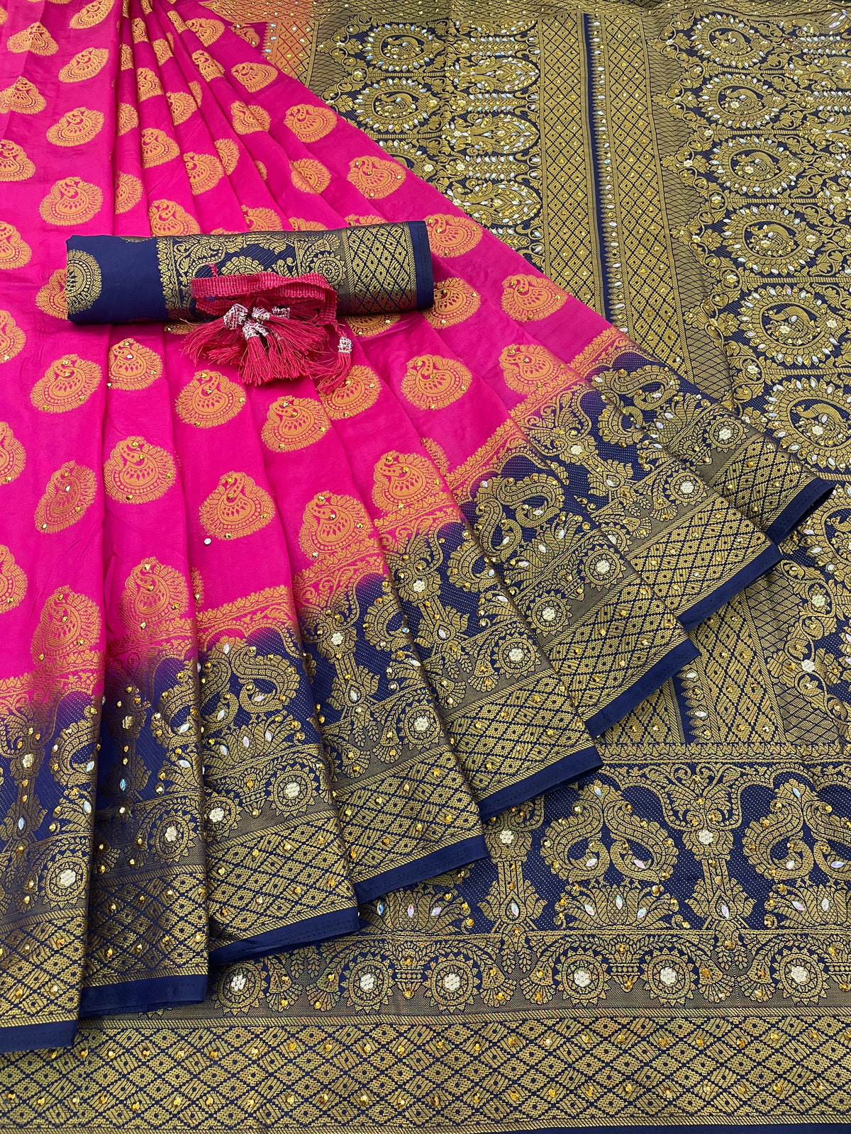 Rani Banarasi Silk Saree With Diamond Work With Tassels