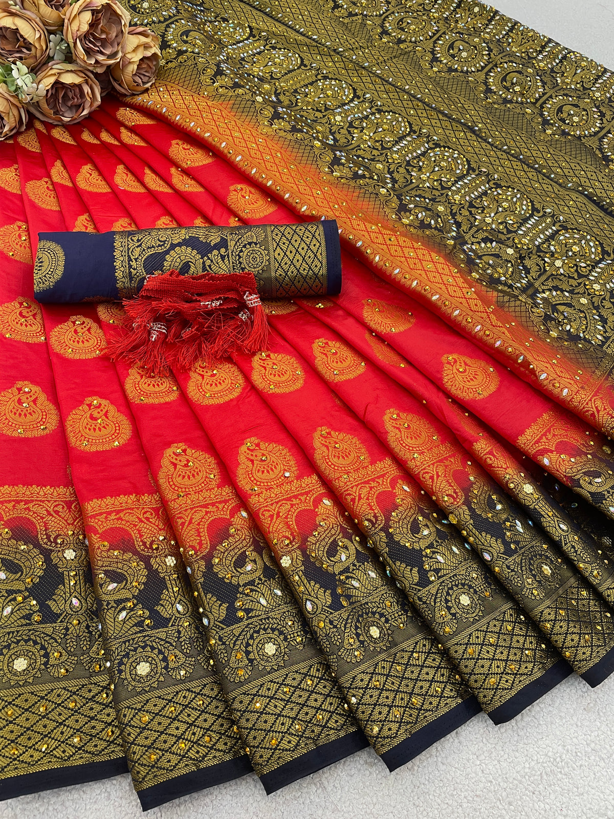 Red Banarasi Silk Saree With Diamond Work With Tassels