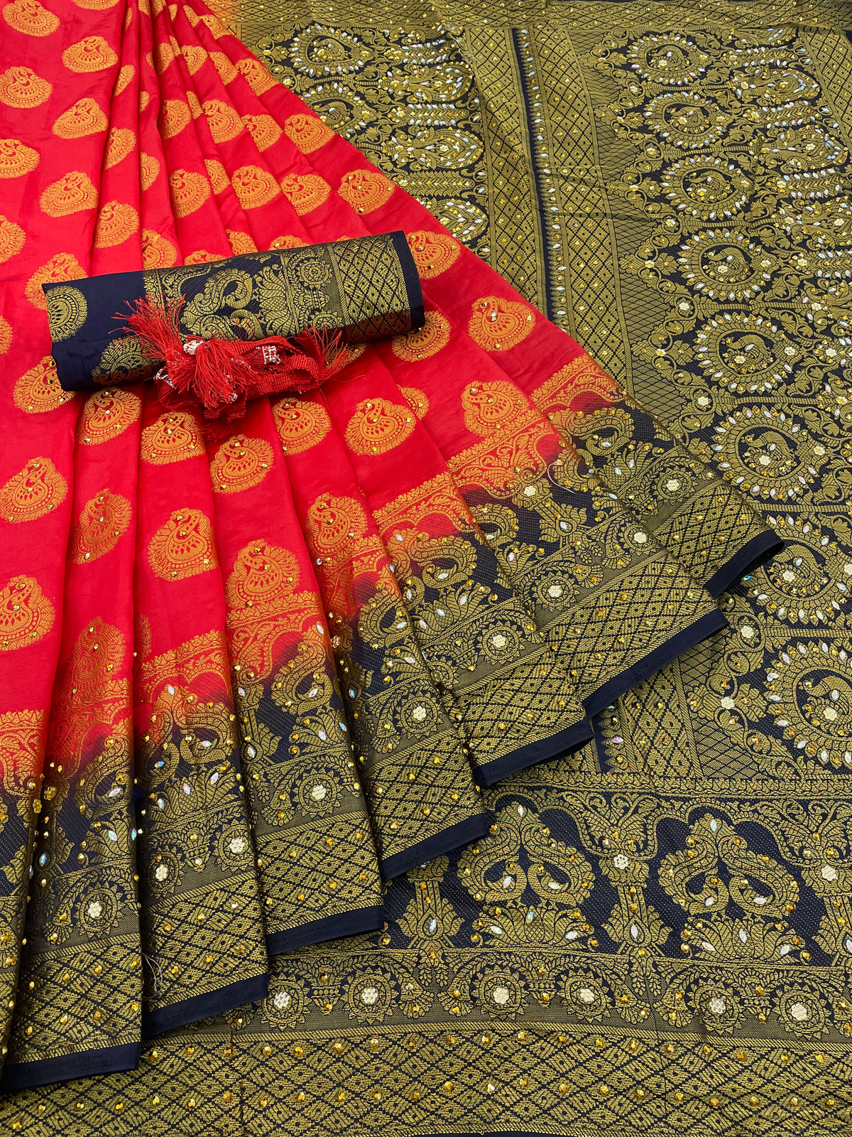 Red Banarasi Silk Saree With Diamond Work With Tassels