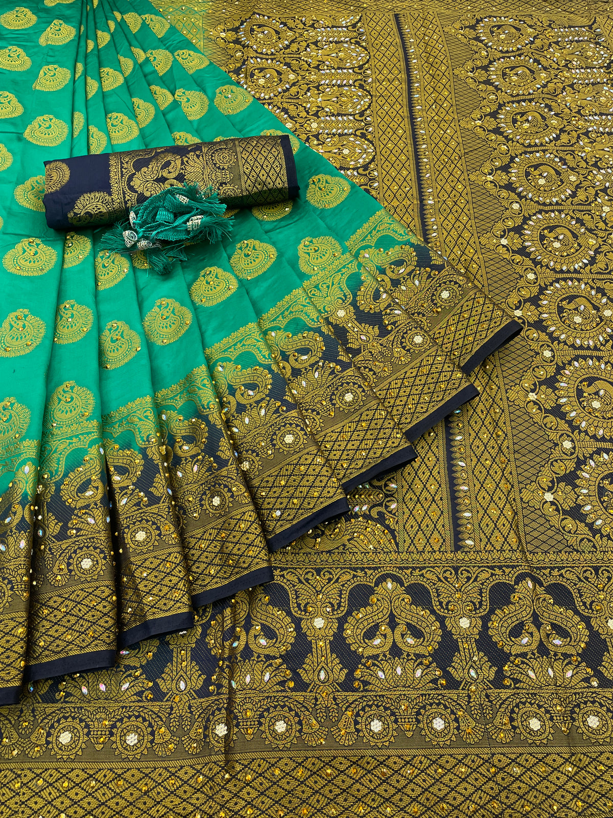 Green Banarasi Silk Saree With Diamond Work With Tassels
