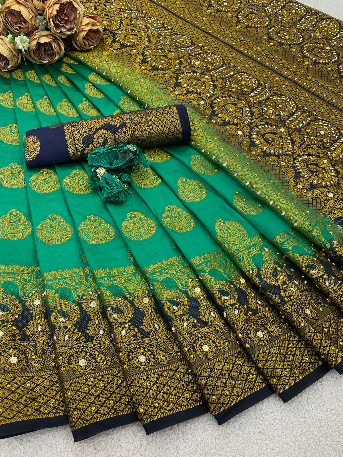 Green Banarasi Silk Saree With Diamond Work With Tassels
