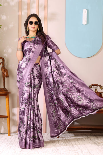 Purple Printed, Digital Print, Floral Print Bollywood Chiffon saree