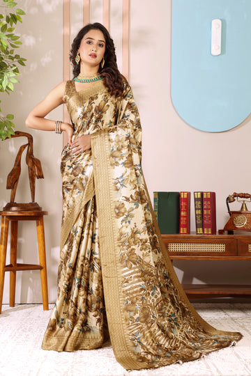 Gold Printed, Digital Print, Floral Print Bollywood Chiffon saree