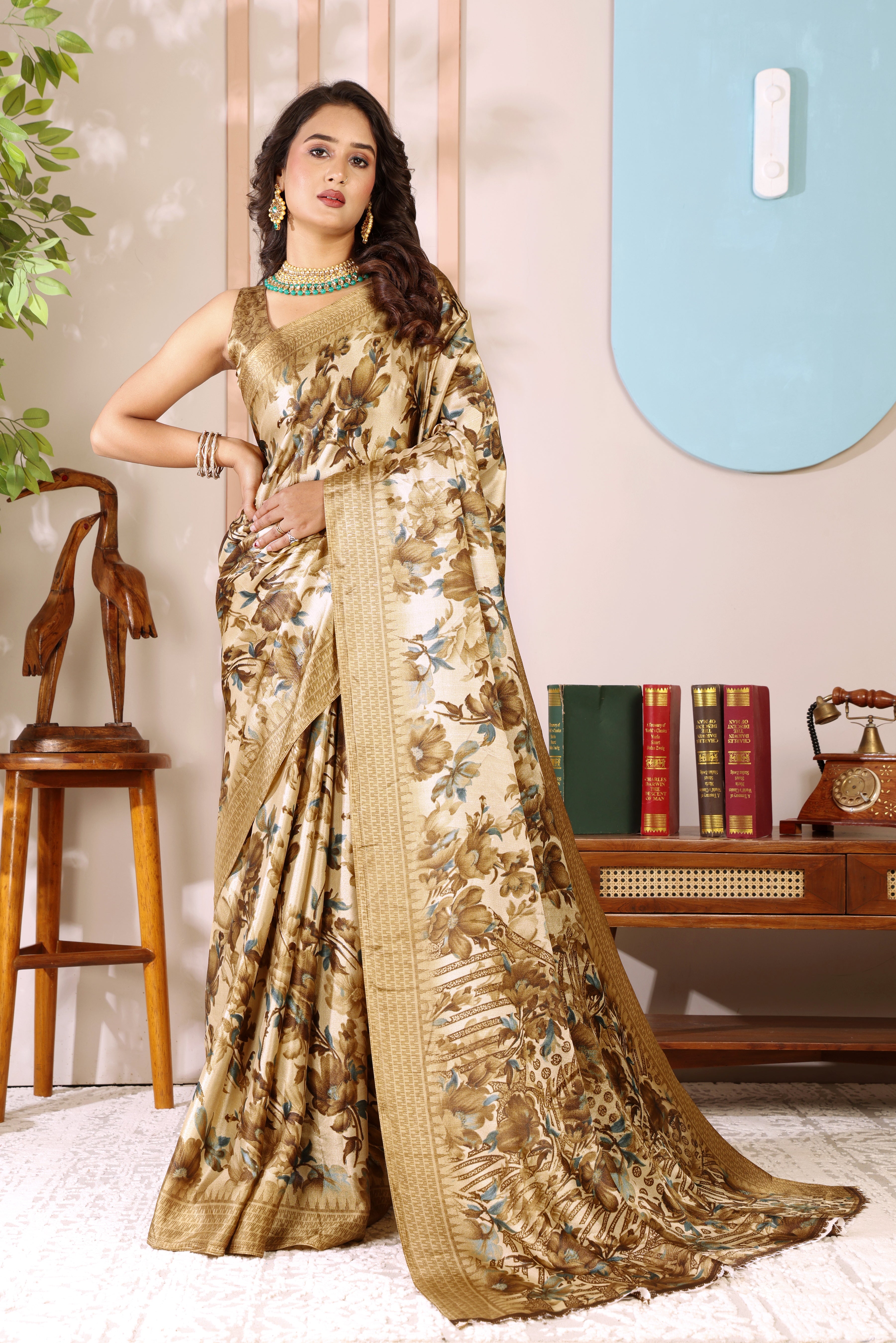 Gold Printed, Digital Print, Floral Print Bollywood Chiffon saree