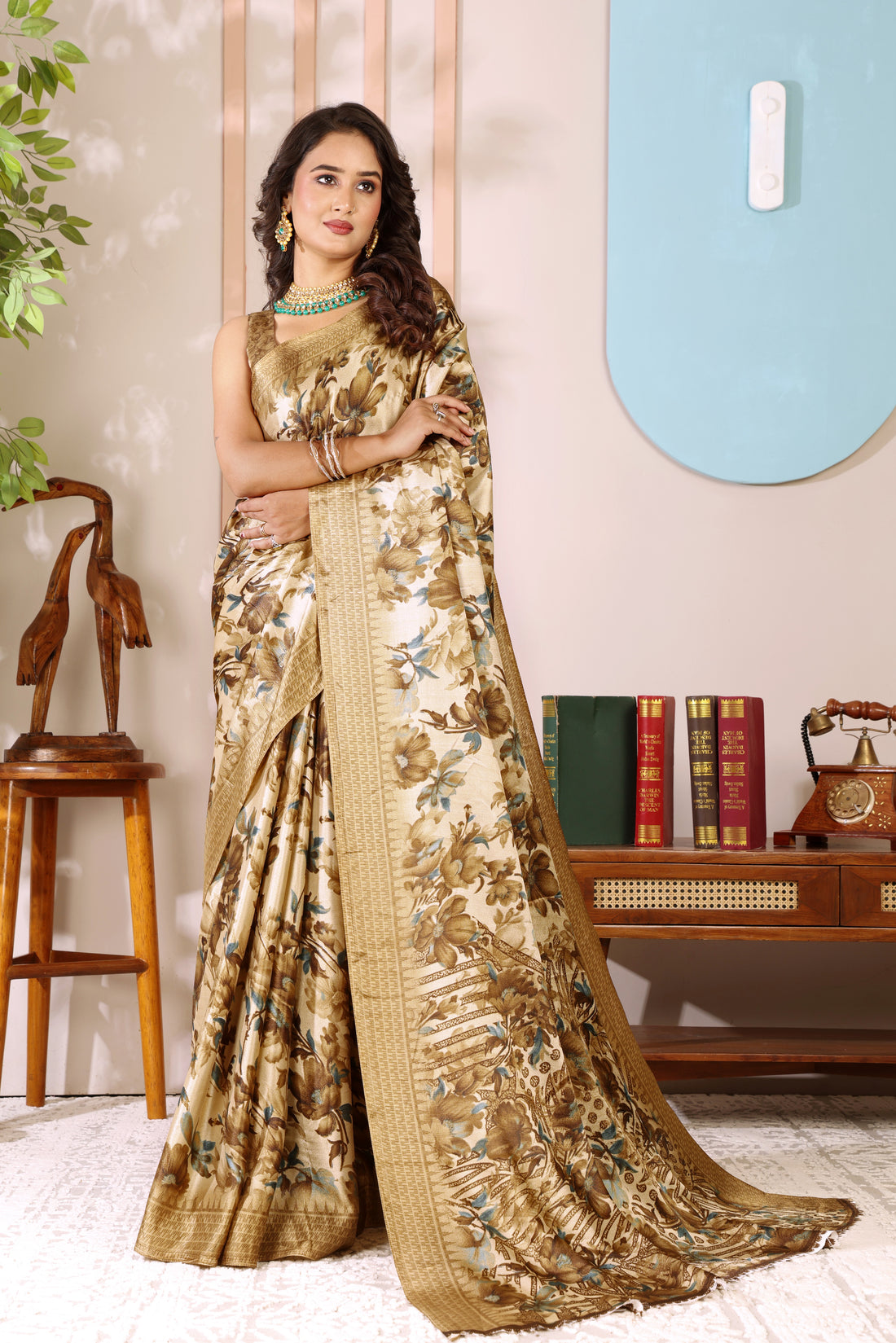 Gold Printed, Digital Print, Floral Print Bollywood Chiffon saree