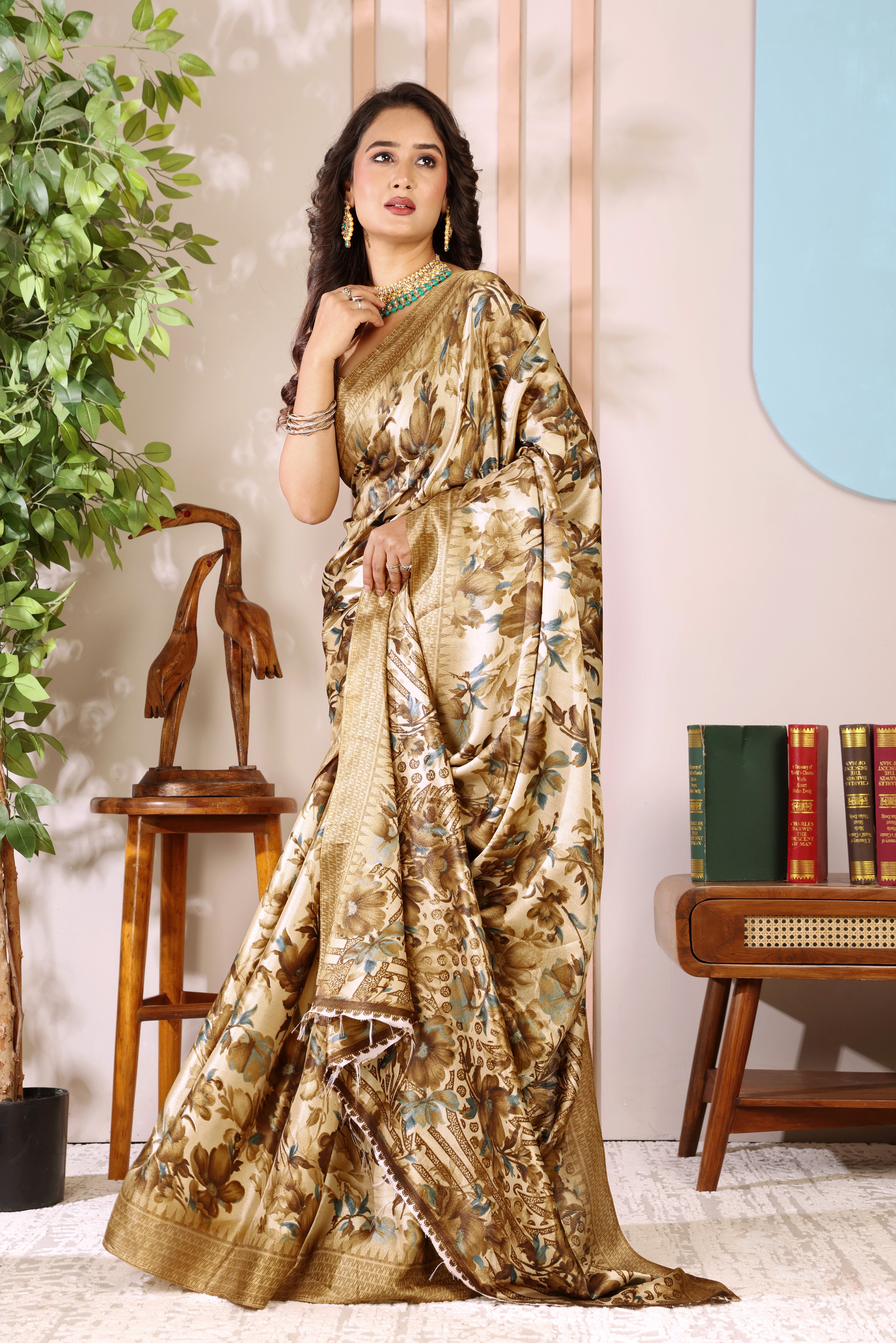 Gold Printed, Digital Print, Floral Print Bollywood Chiffon saree