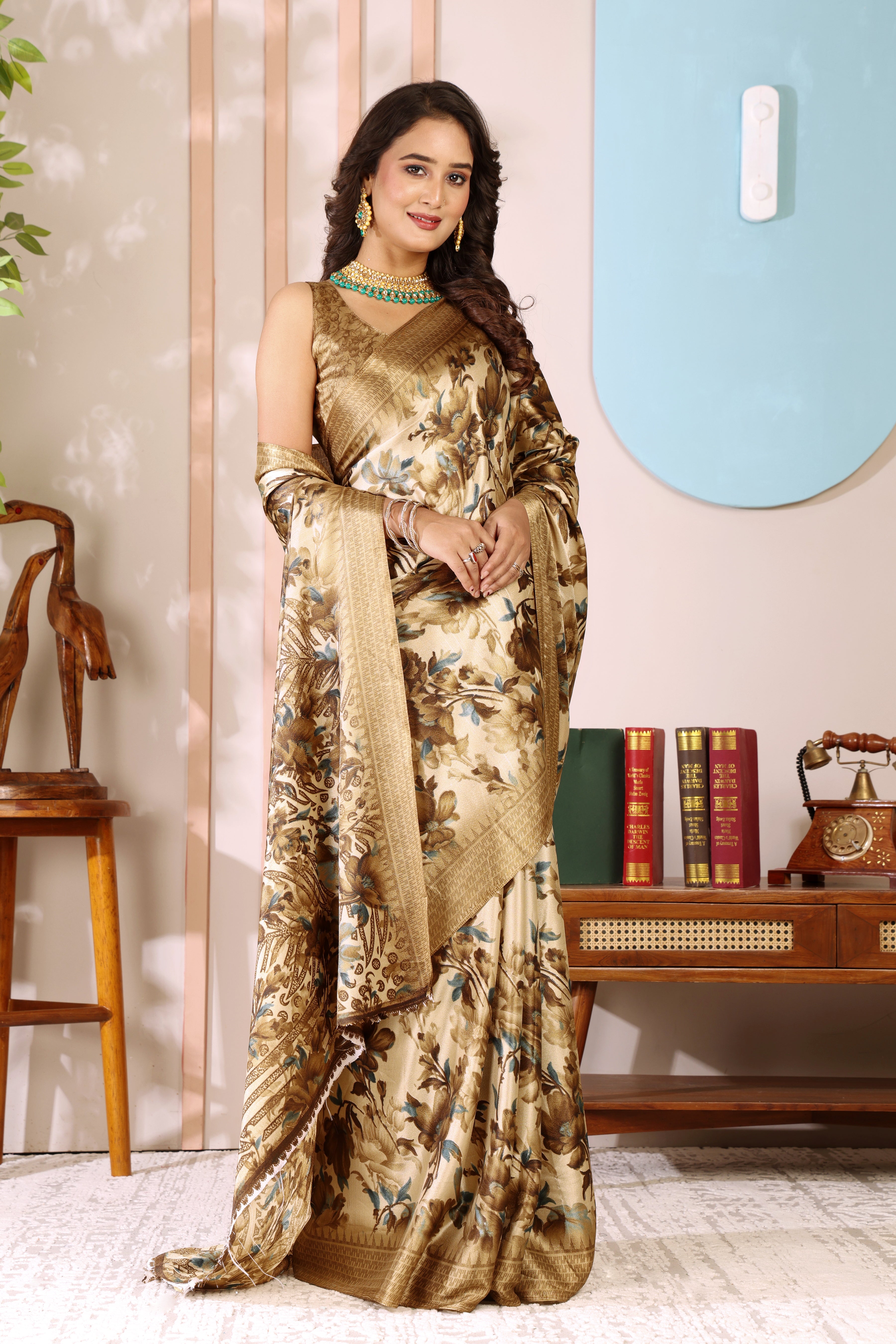 Gold Printed, Digital Print, Floral Print Bollywood Chiffon saree
