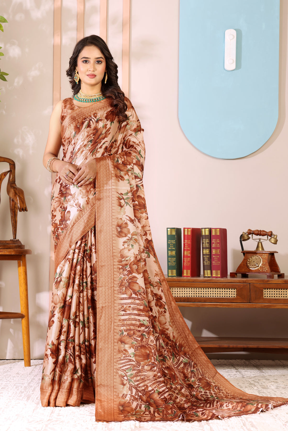 Orange Printed, Digital Print, Floral Print Bollywood Chiffon saree