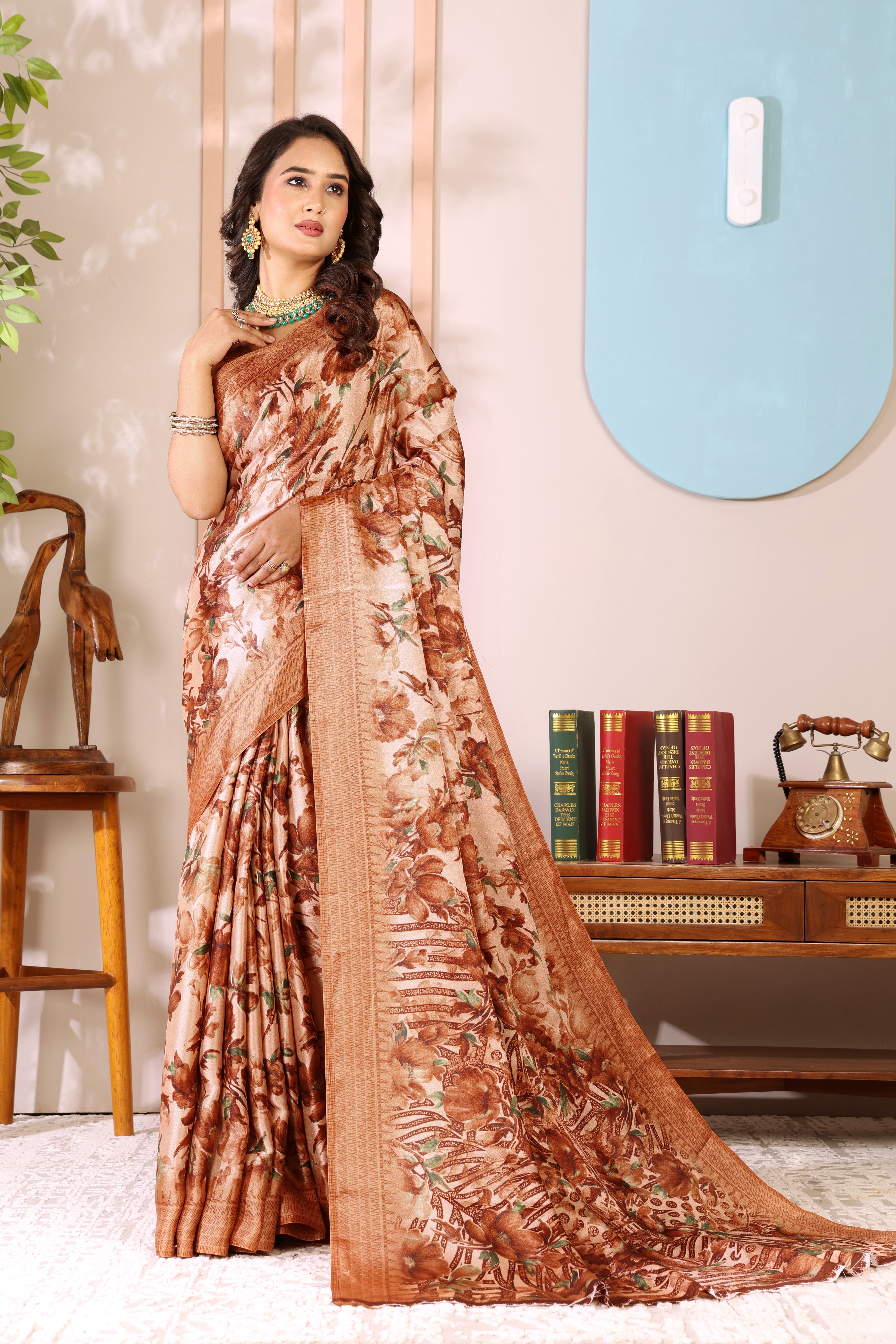 Gold Printed, Digital Print, Floral Print Bollywood Chiffon saree
