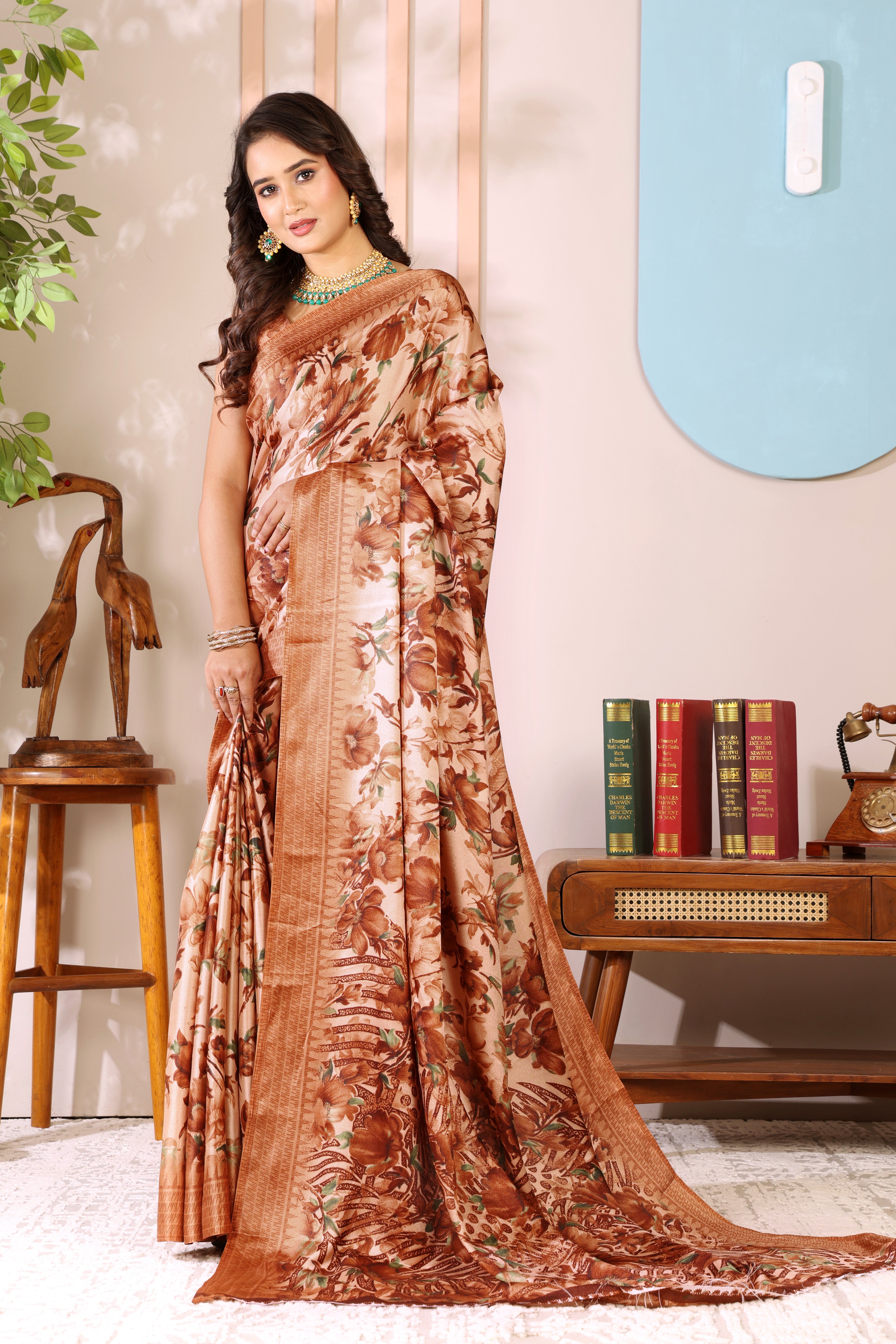 Gold Printed, Digital Print, Floral Print Bollywood Chiffon saree