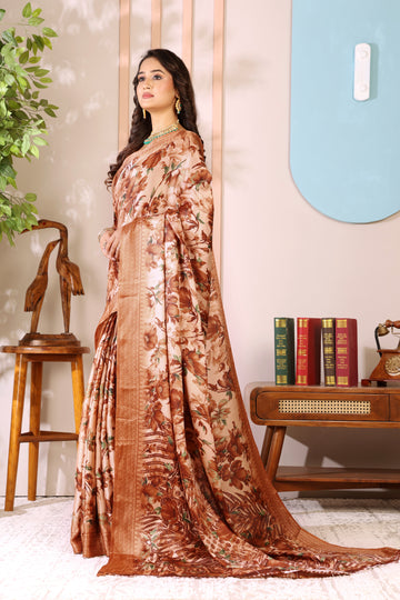 Orange Printed, Digital Print, Floral Print Bollywood Chiffon saree