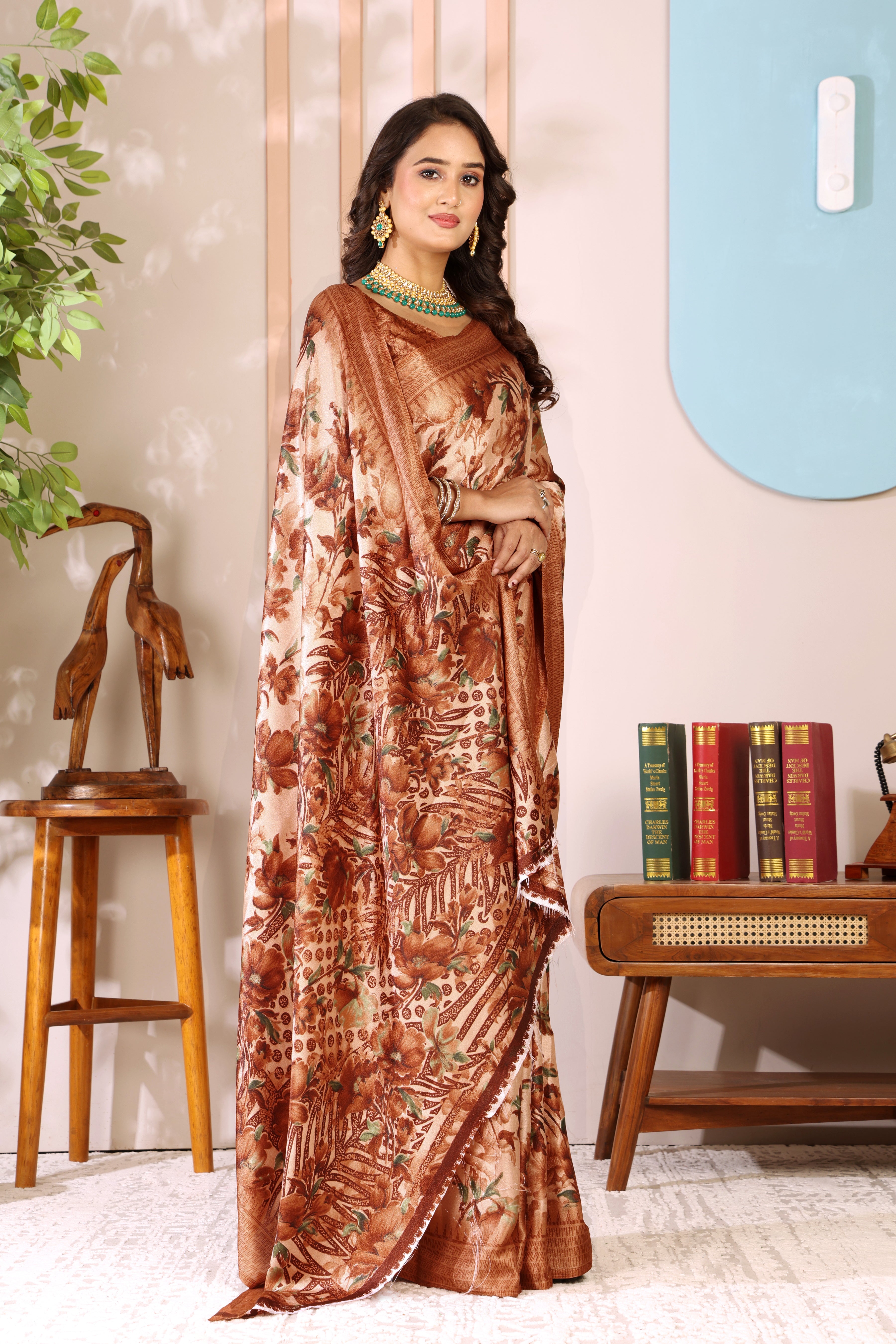 Gold Printed, Digital Print, Floral Print Bollywood Chiffon saree