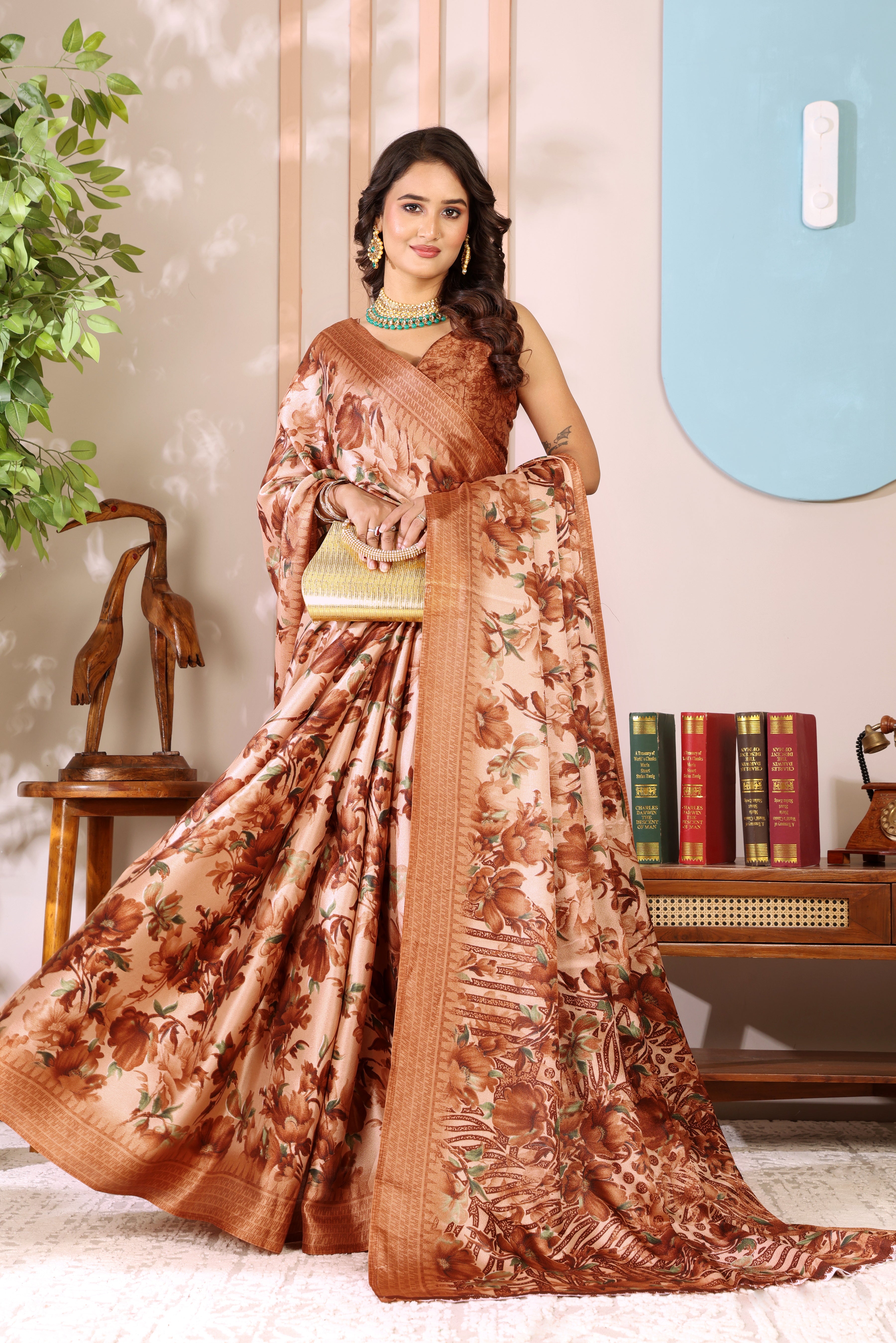 Gold Printed, Digital Print, Floral Print Bollywood Chiffon saree