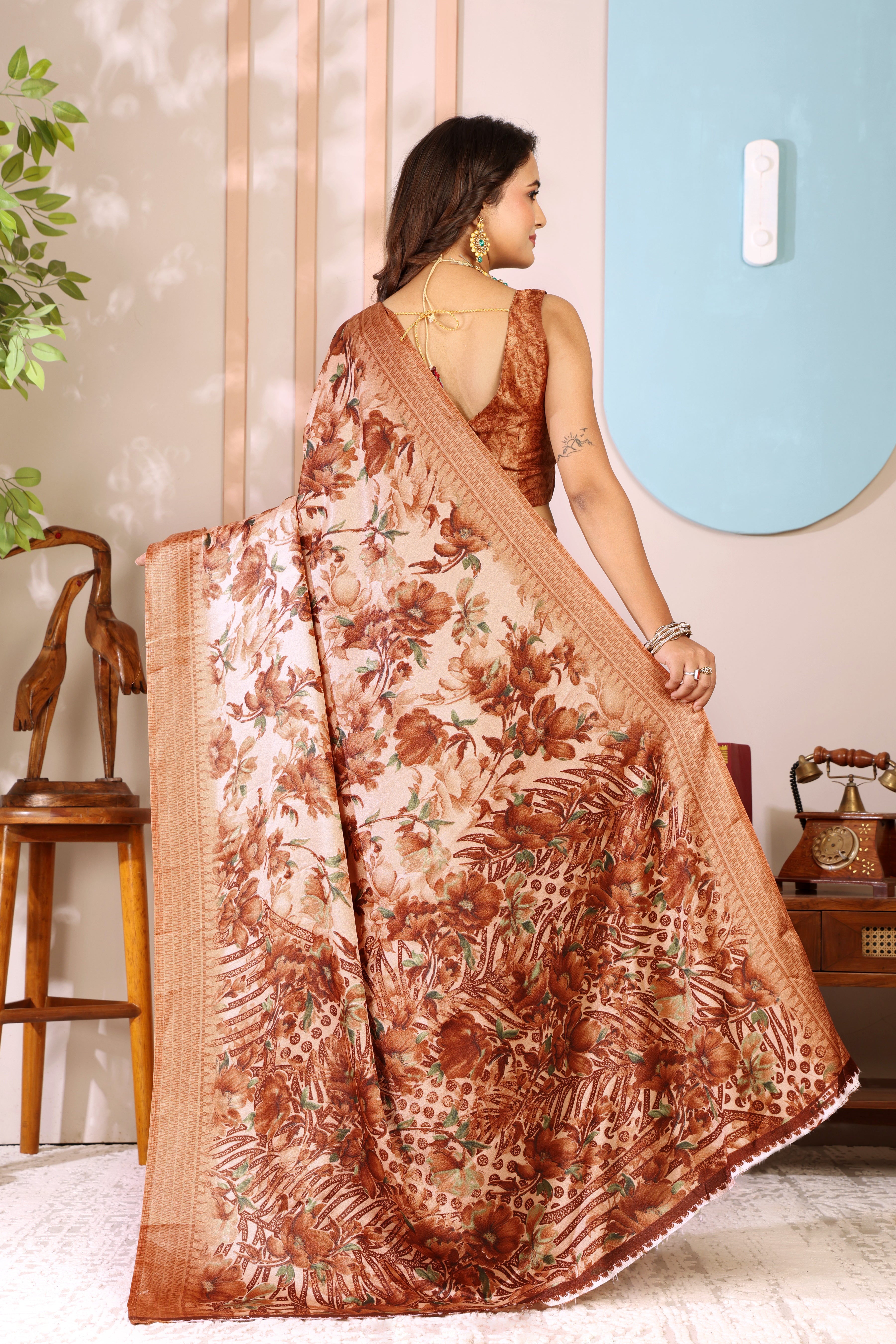 Gold Printed, Digital Print, Floral Print Bollywood Chiffon saree