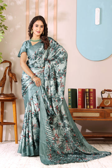 Blue Printed, Digital Print, Floral Print Bollywood Chiffon saree