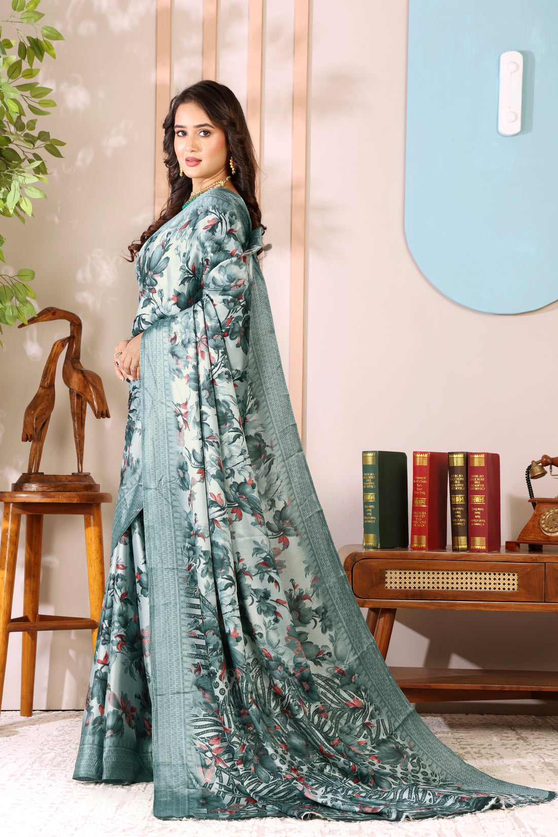 Blue Printed, Digital Print, Floral Print Bollywood Chiffon saree