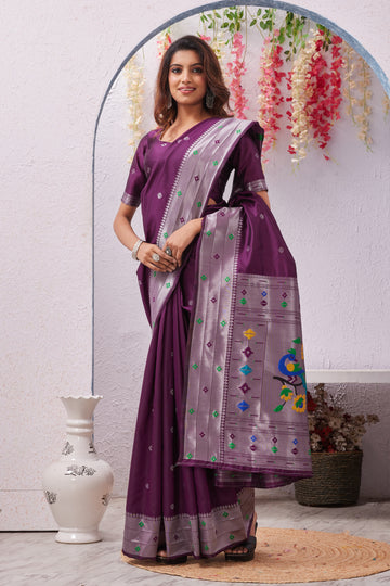 Wine Paithani Silk Saree