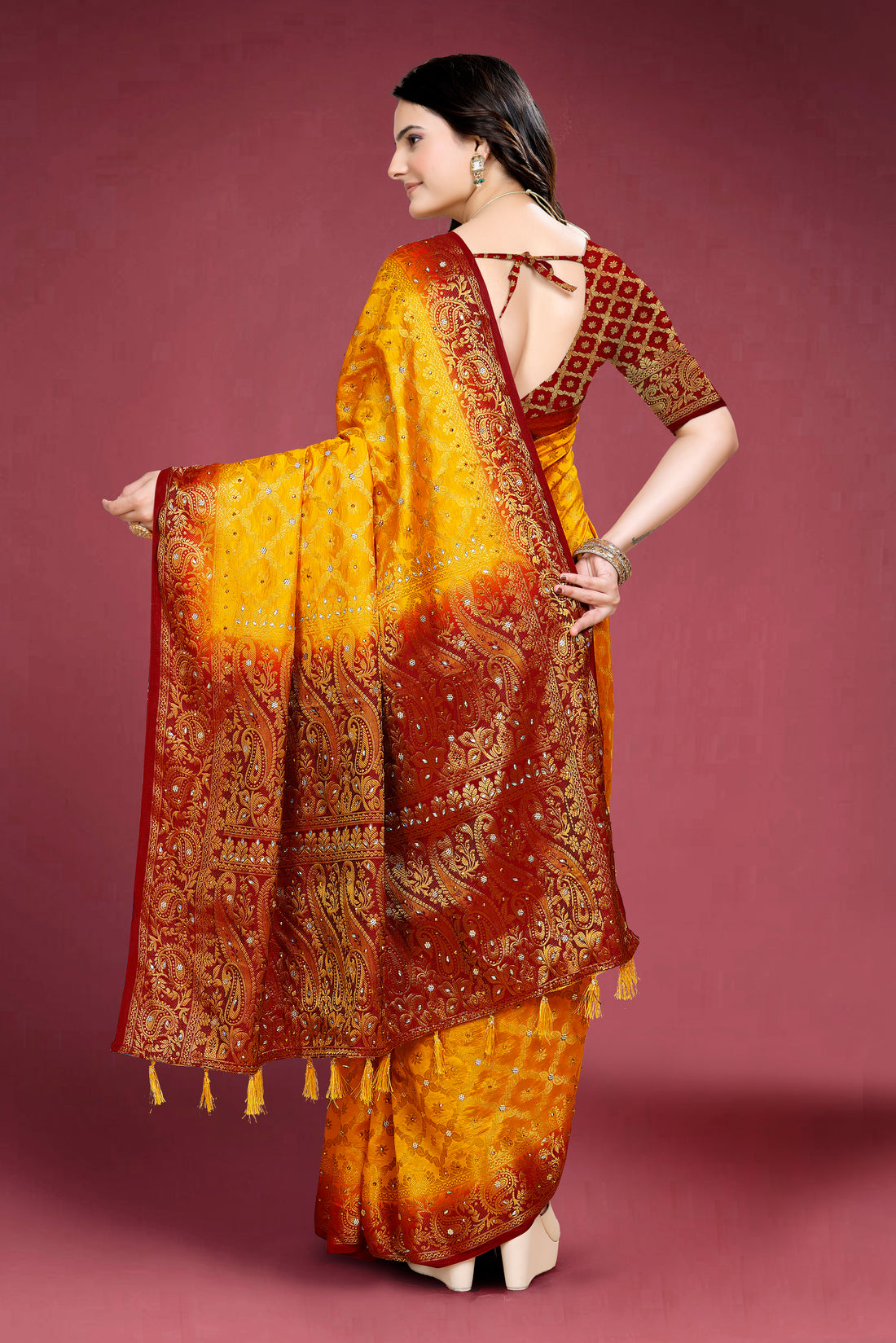 Yellow Banarasi Silk Saree With Diamond Work With Tassels