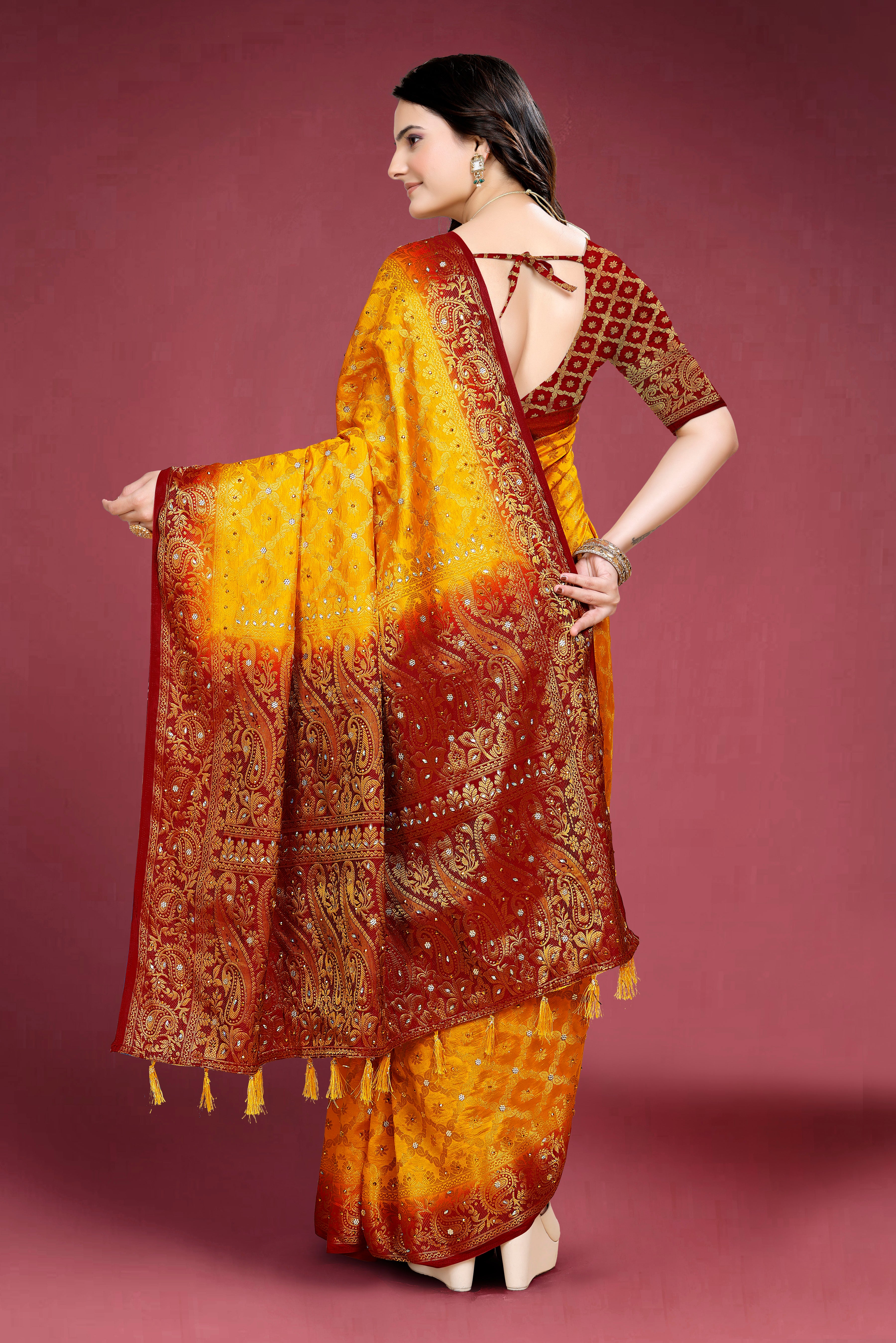 Navy Banarasi Silk Saree With Diamond Work With Tassels