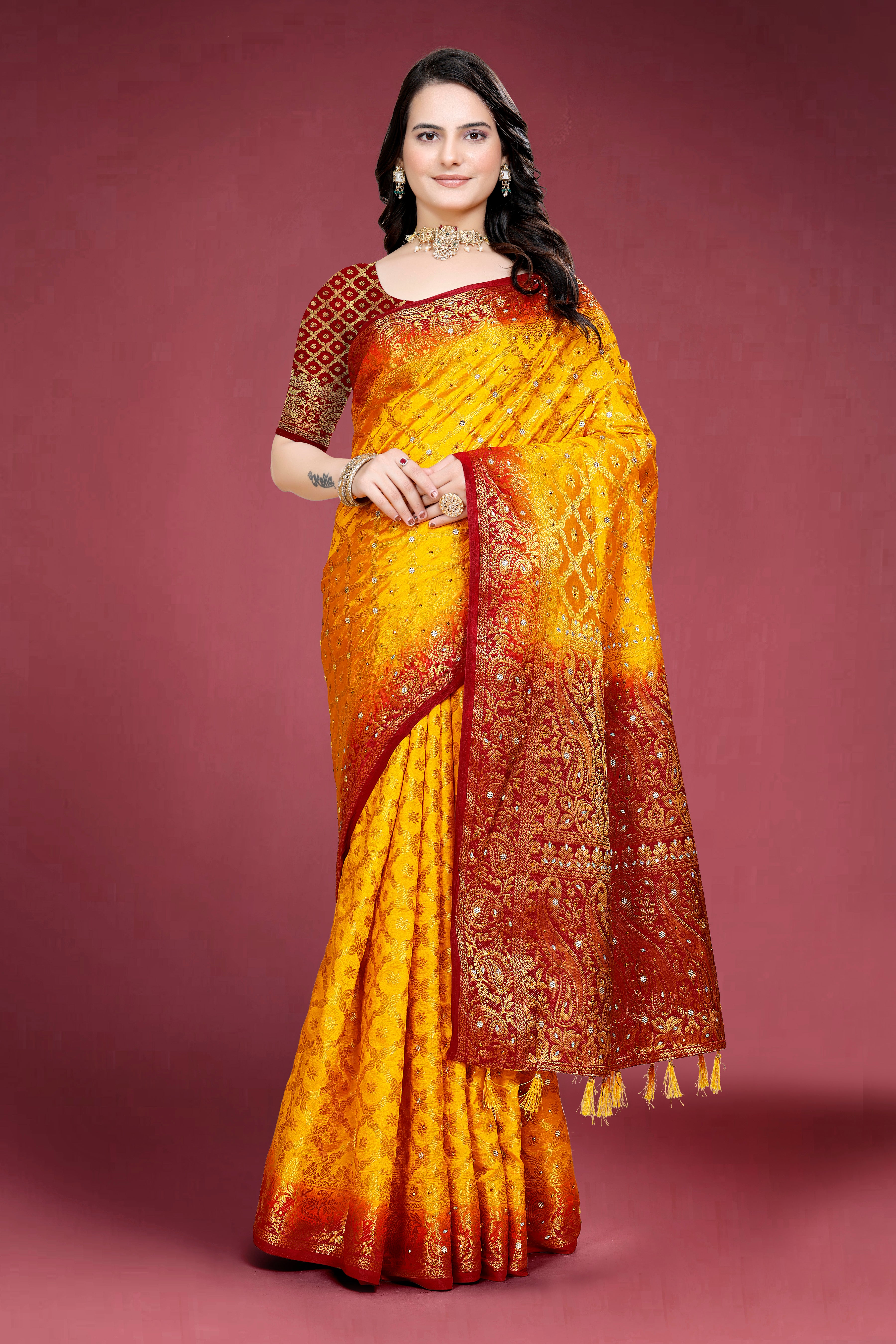 Navy Banarasi Silk Saree With Diamond Work With Tassels