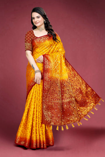 Yellow Banarasi Silk Saree With Diamond Work With Tassels