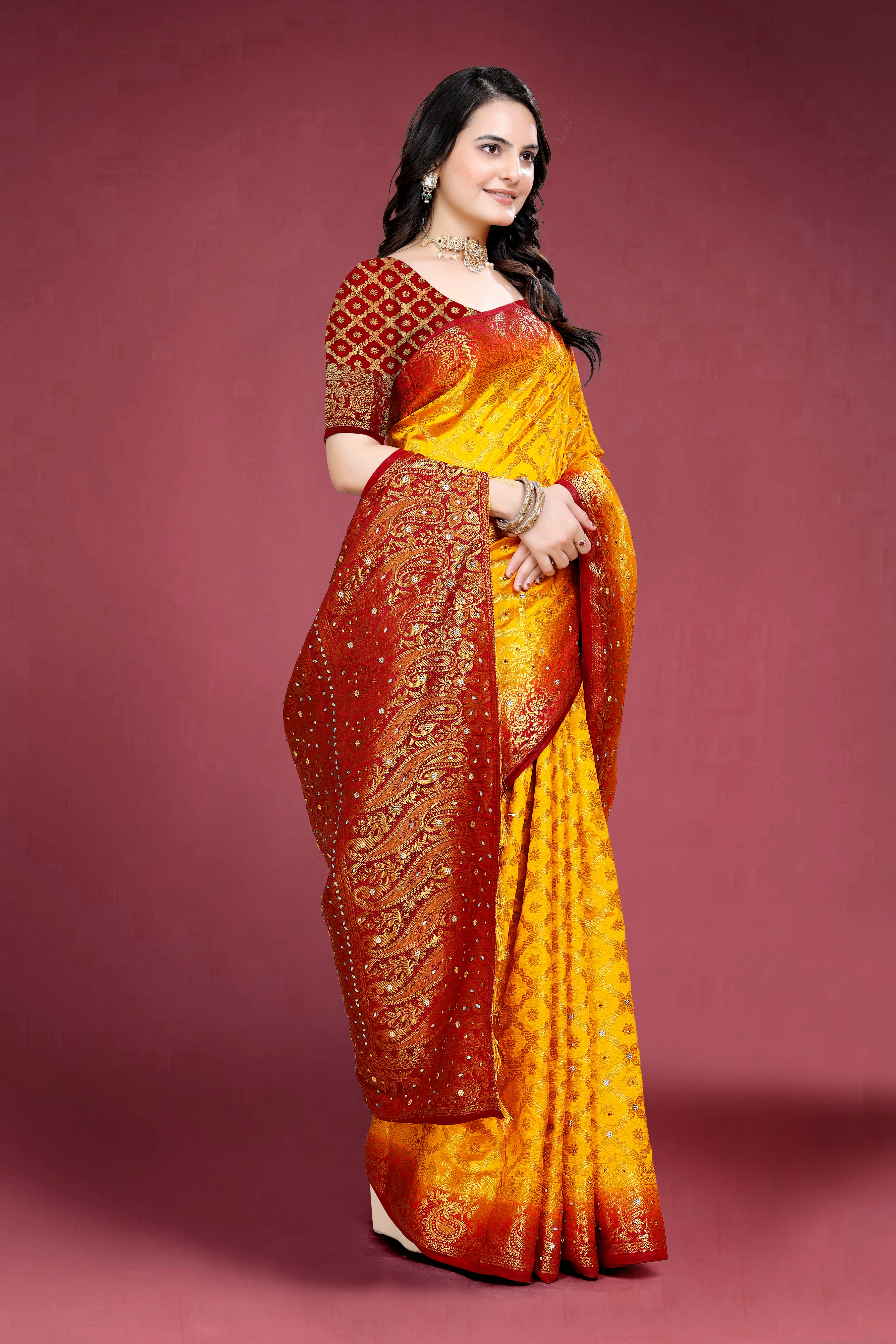 Navy Banarasi Silk Saree With Diamond Work With Tassels