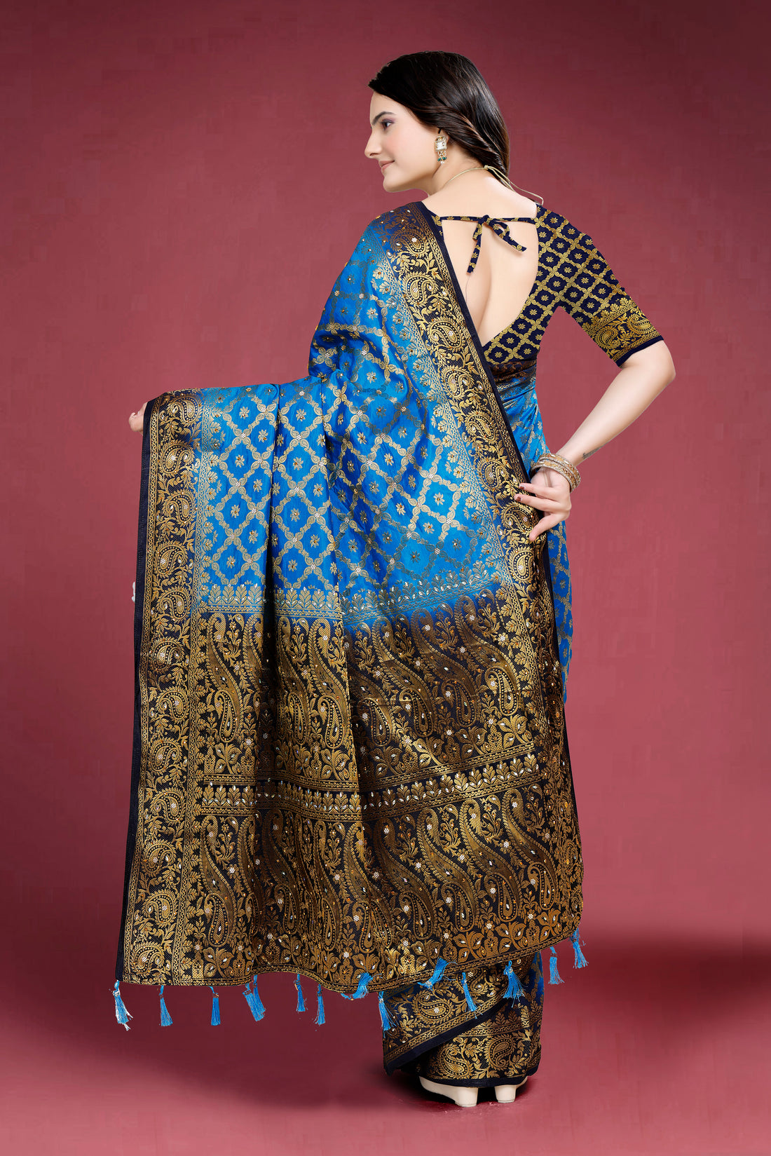 Firozi Banarasi Silk Saree With Diamond Work With Tassels