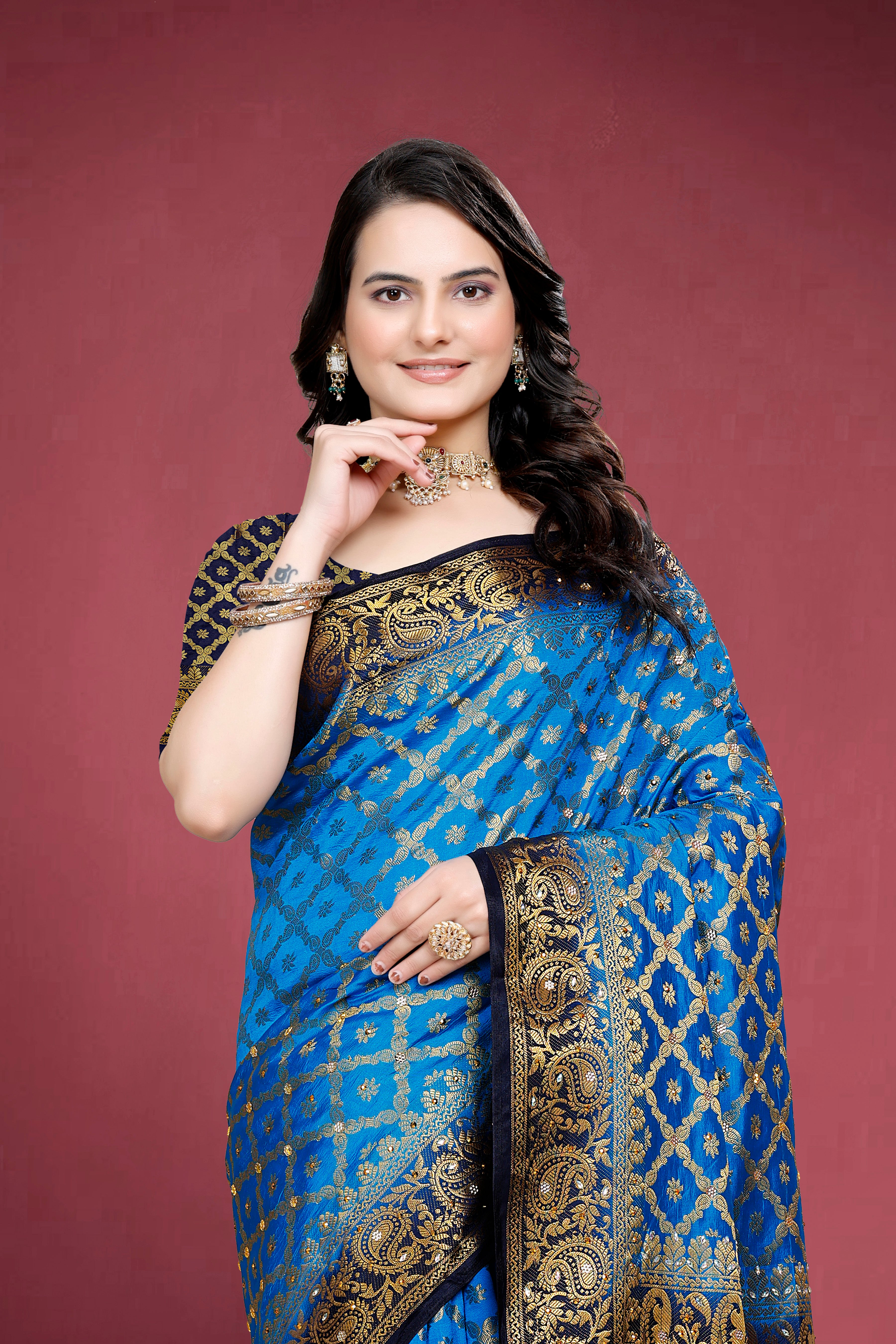 Navy Banarasi Silk Saree With Diamond Work With Tassels