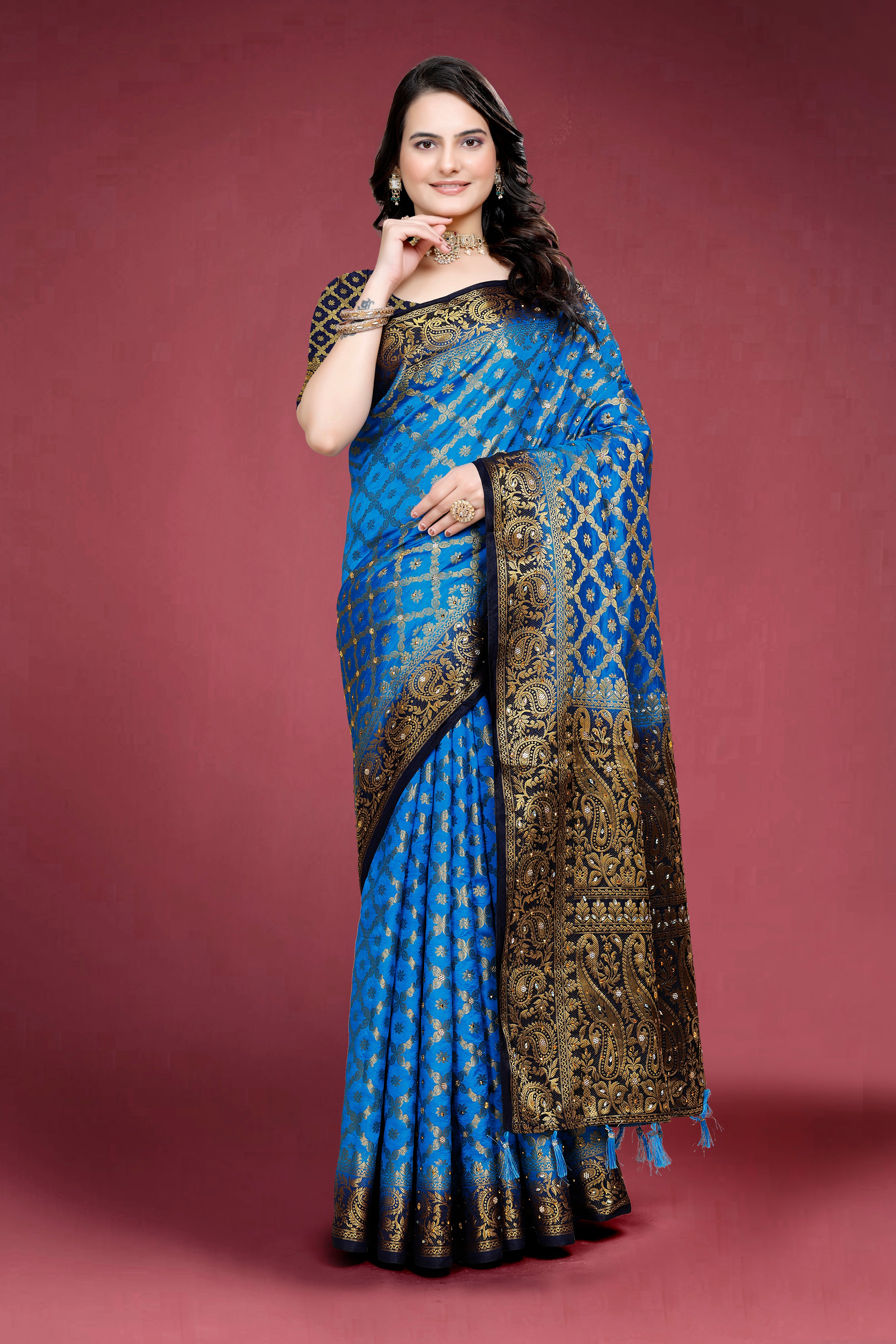 Navy Banarasi Silk Saree With Diamond Work With Tassels