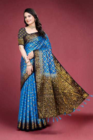 Firozi Banarasi Silk Saree With Diamond Work With Tassels